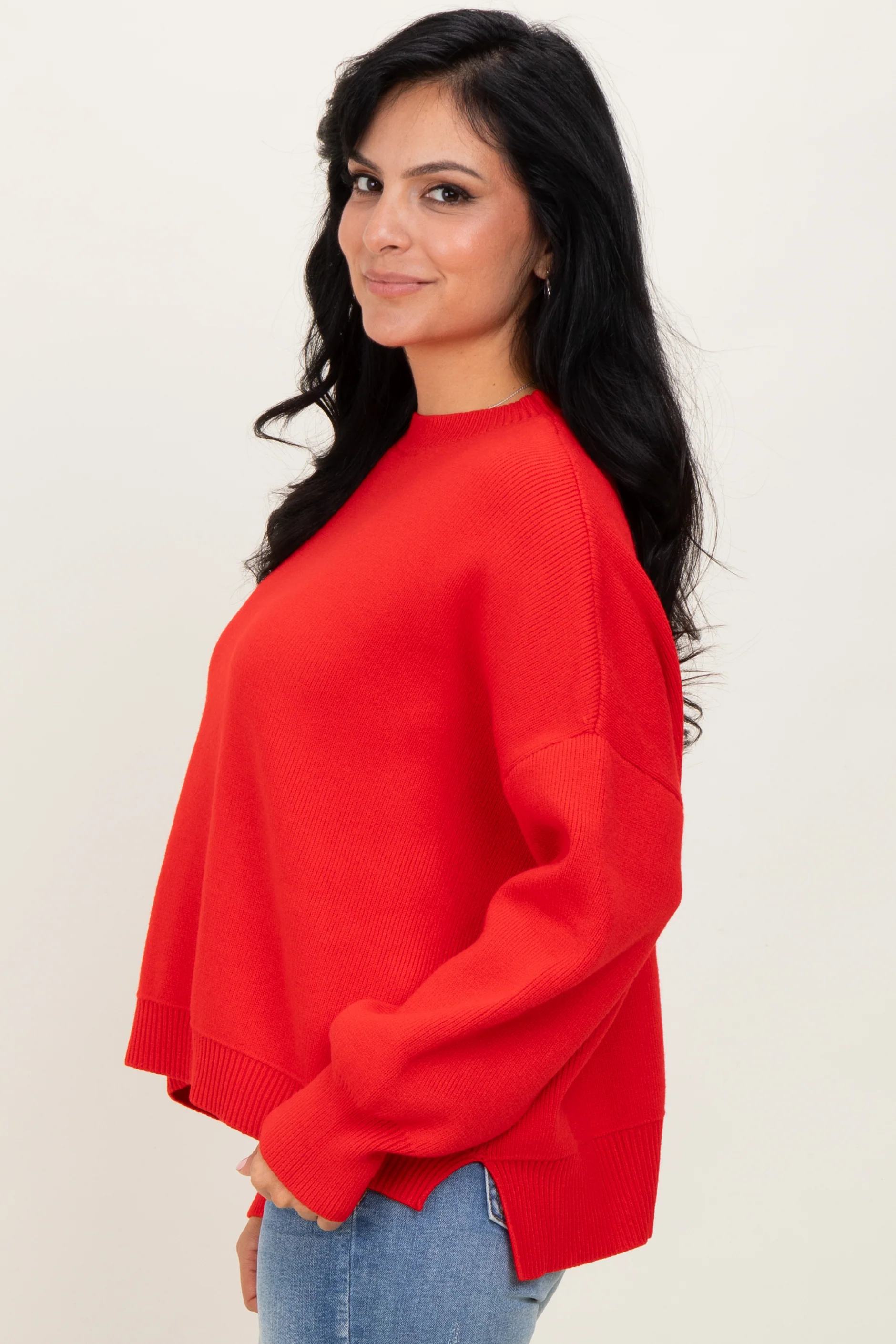 Red Drop Shoulder Relaxed Fit Sweater - Image 3