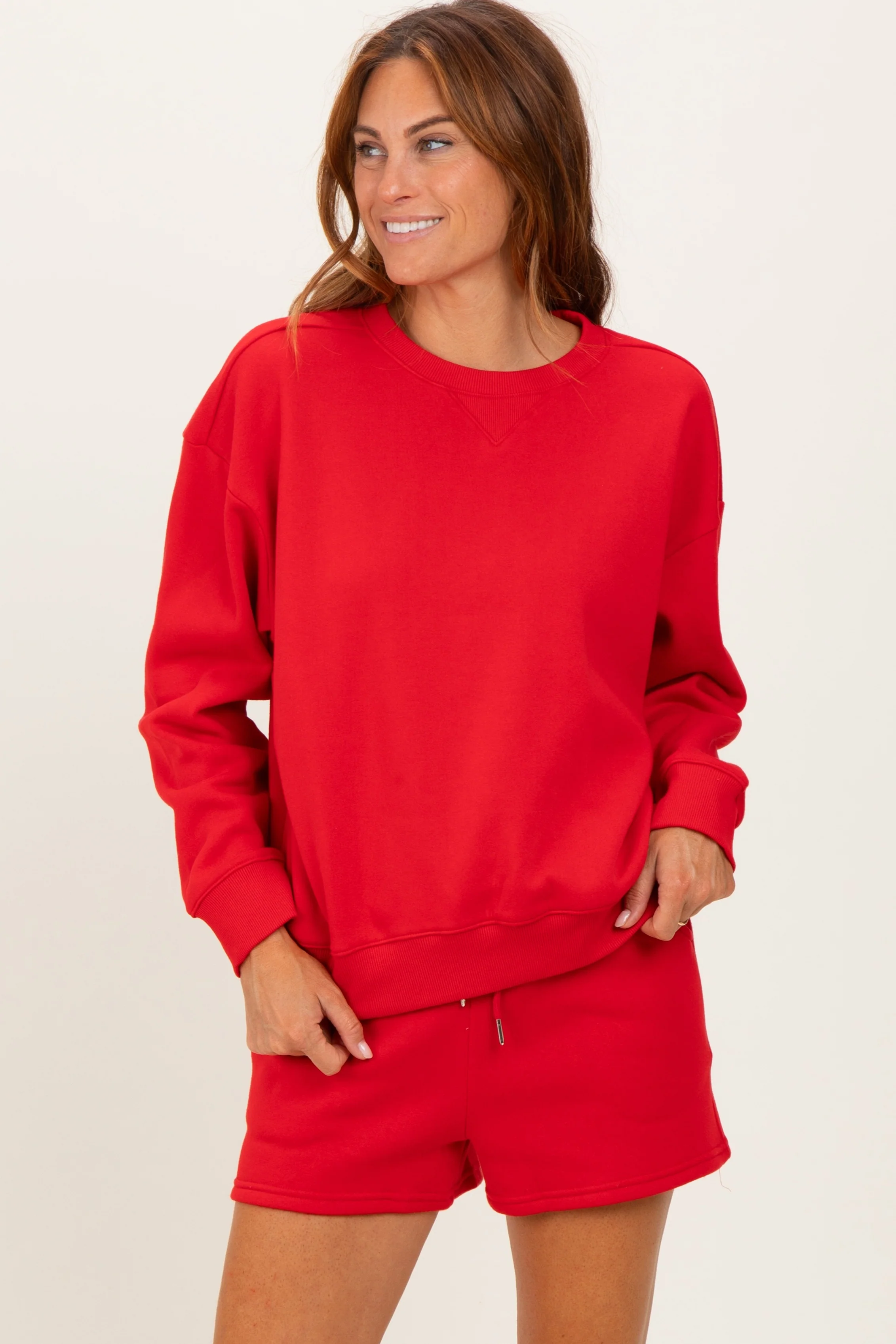 Red Fleece Sweatshirt Shorts Maternity Set - Image 5