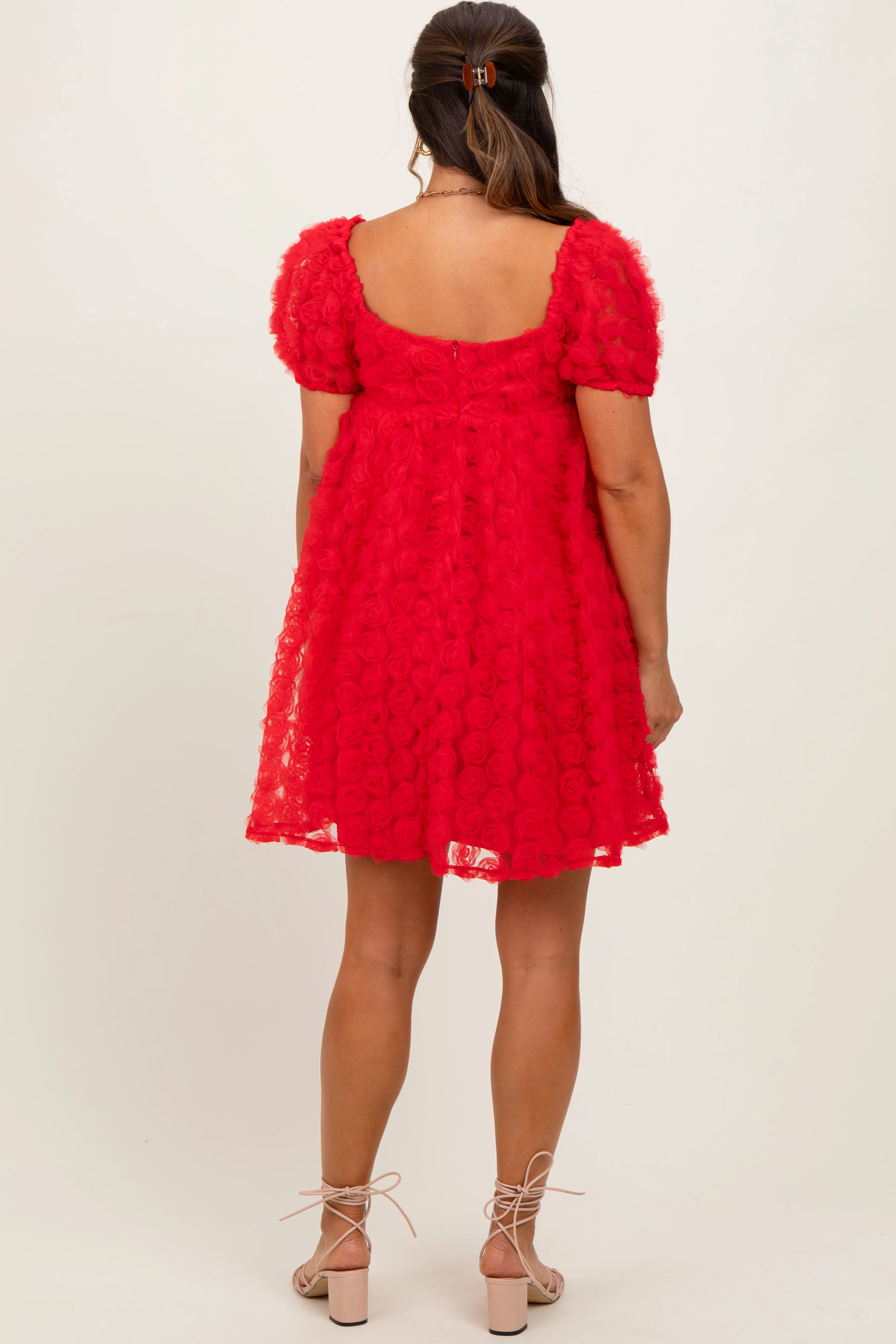 Red Floral Applique Overlay Maternity Dress - Image 3