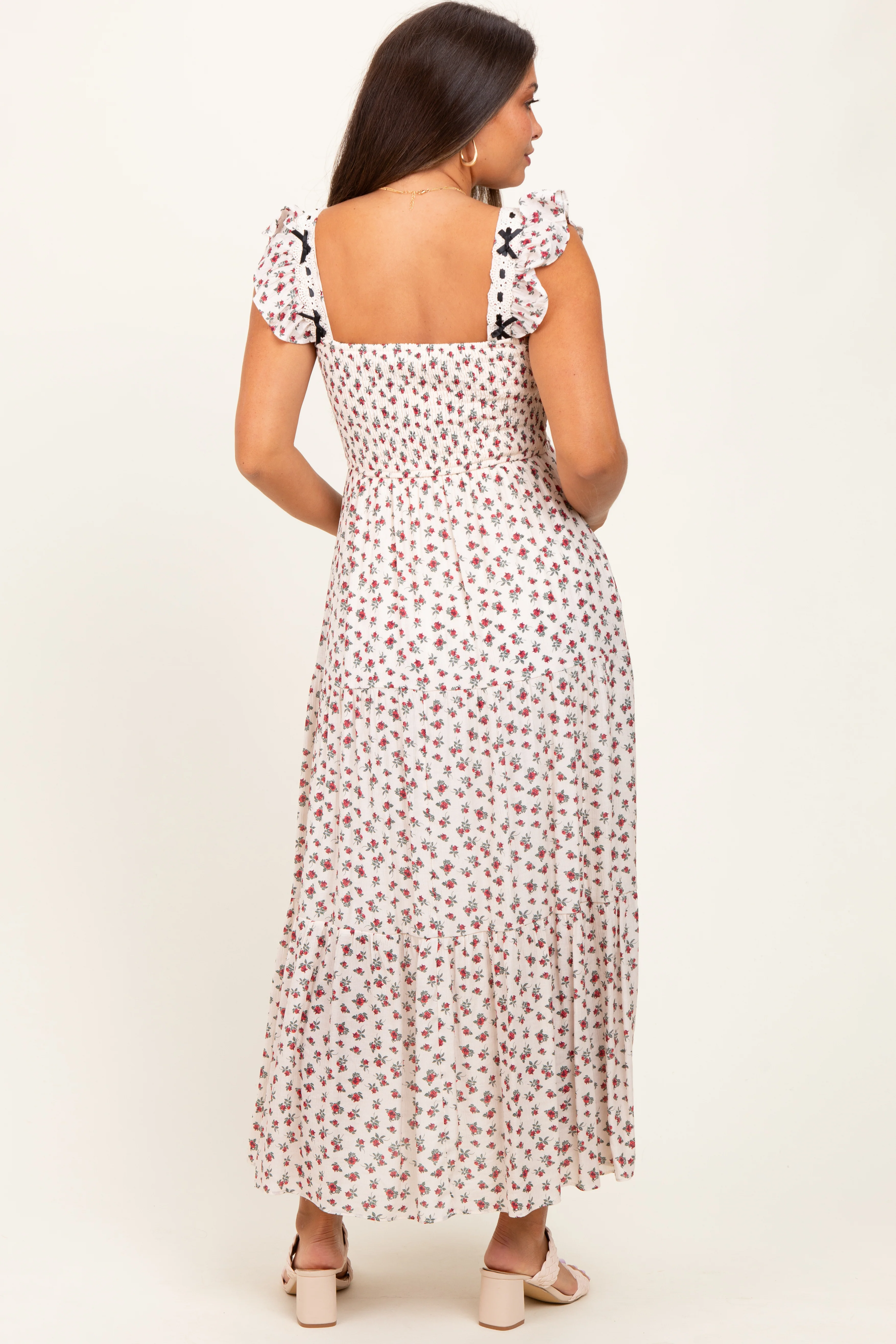 Red Floral Bow Trim Lace Detail Smocked Maternity Maxi Dress - Image 4