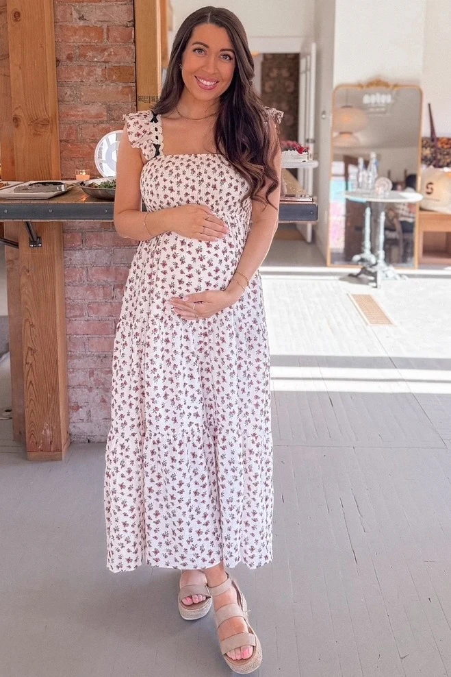 Red Floral Bow Trim Lace Detail Smocked Maternity Maxi Dress - Image 5