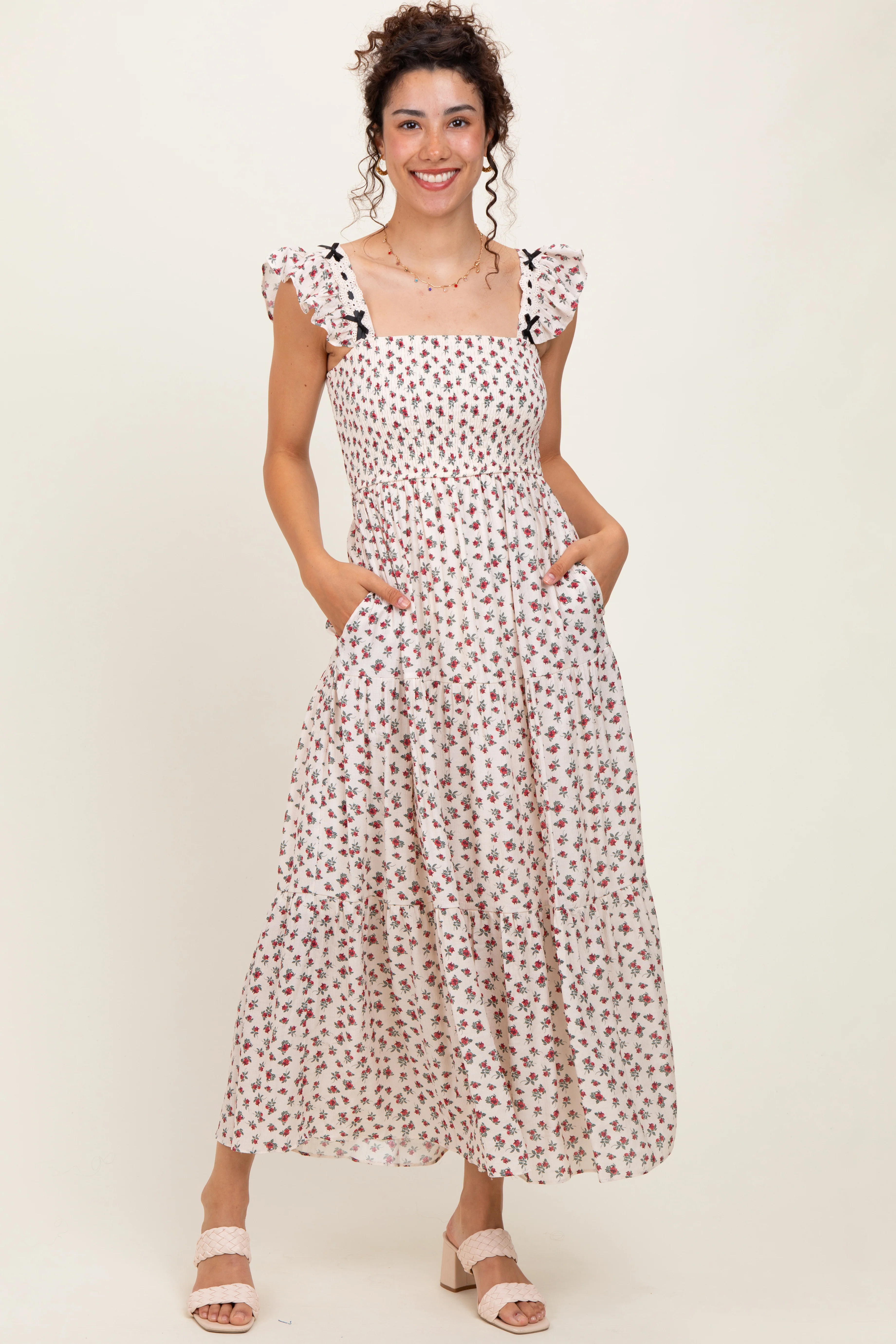 Red Floral Bow Trim Lace Detail Smocked Maternity Maxi Dress - Image 6