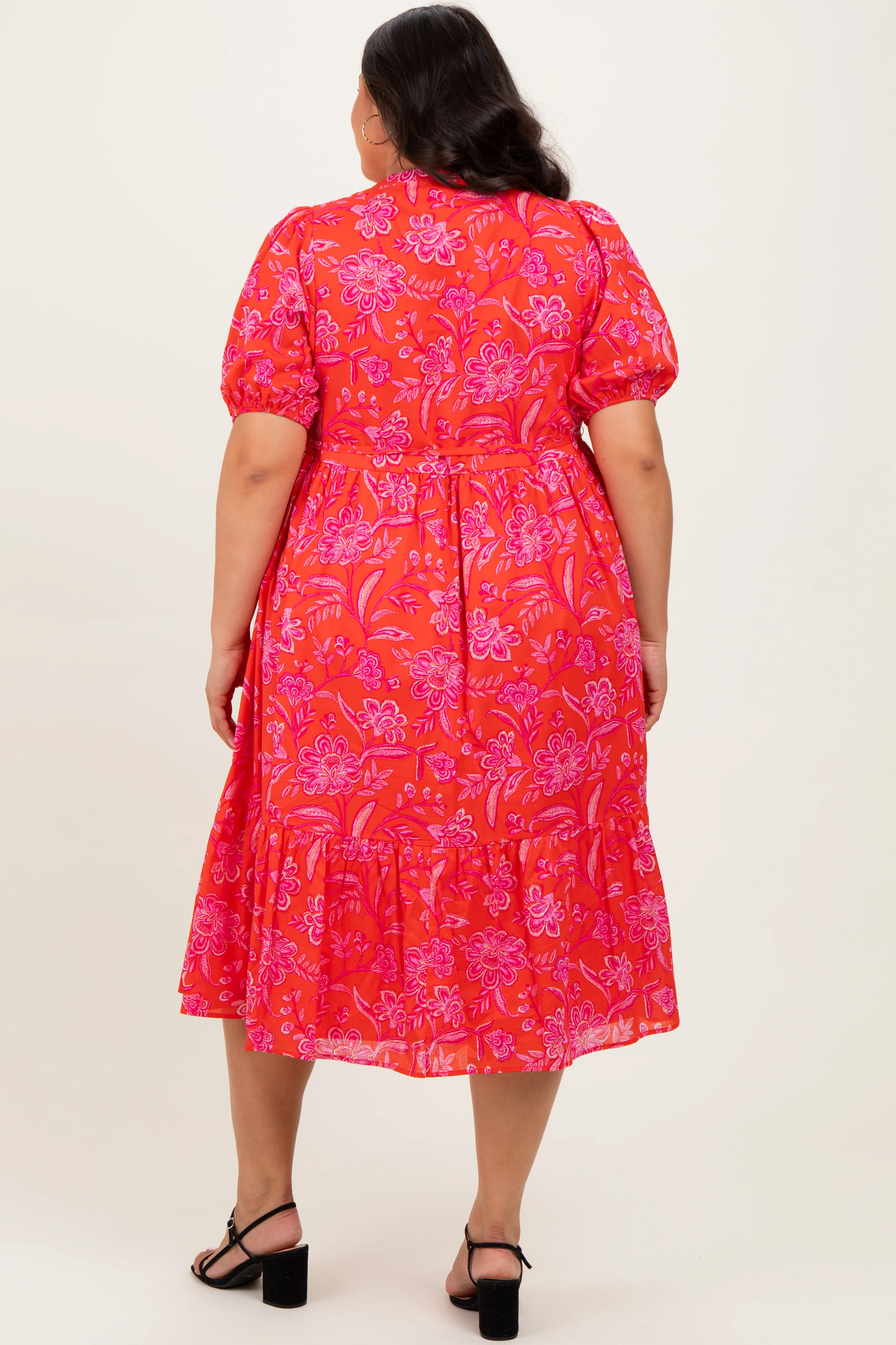 Red Floral Button Down Plus Midi Shirt Dress - Image 4