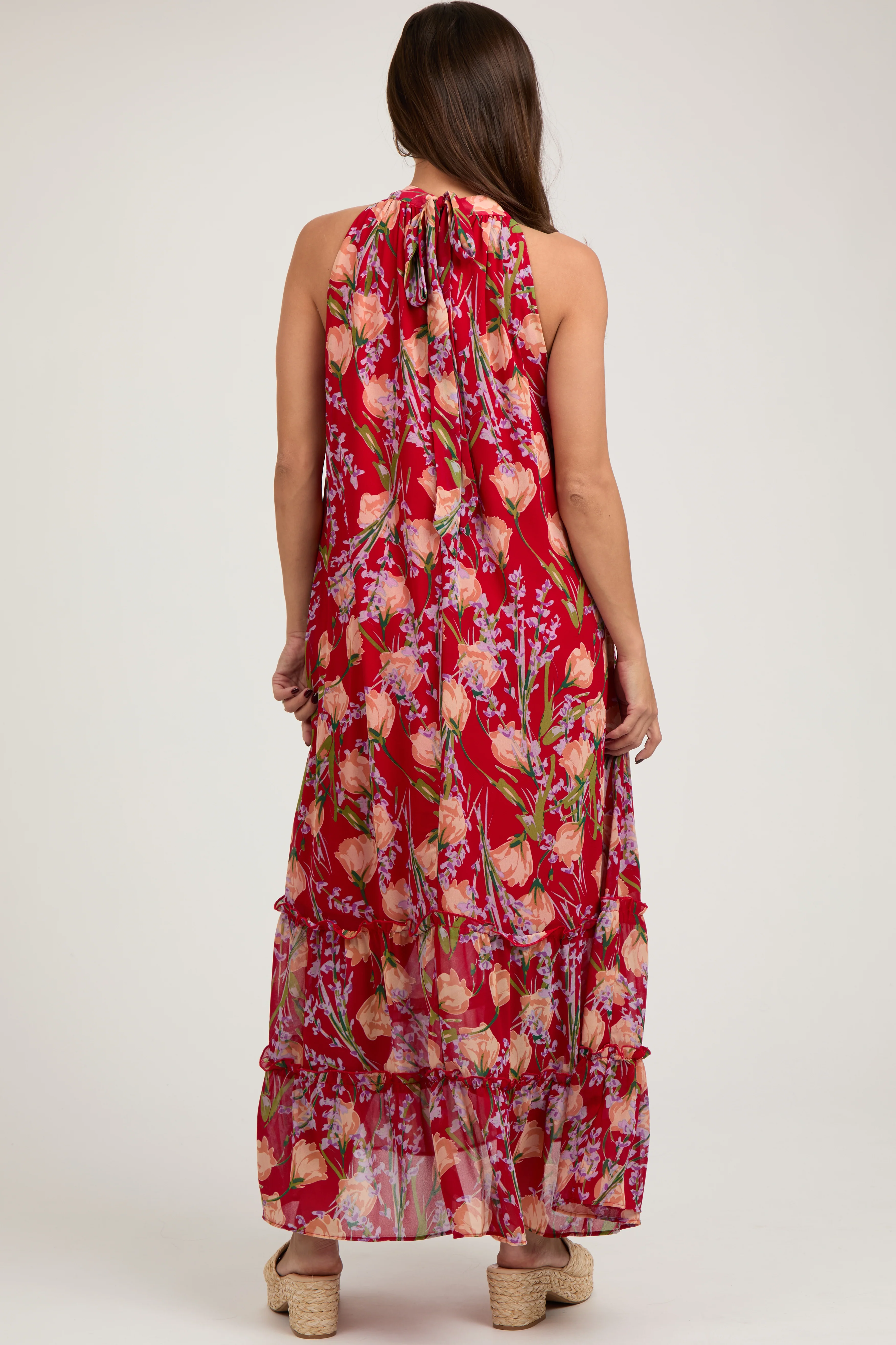 Red Floral Halter Maternity Maxi Dress - Image 4