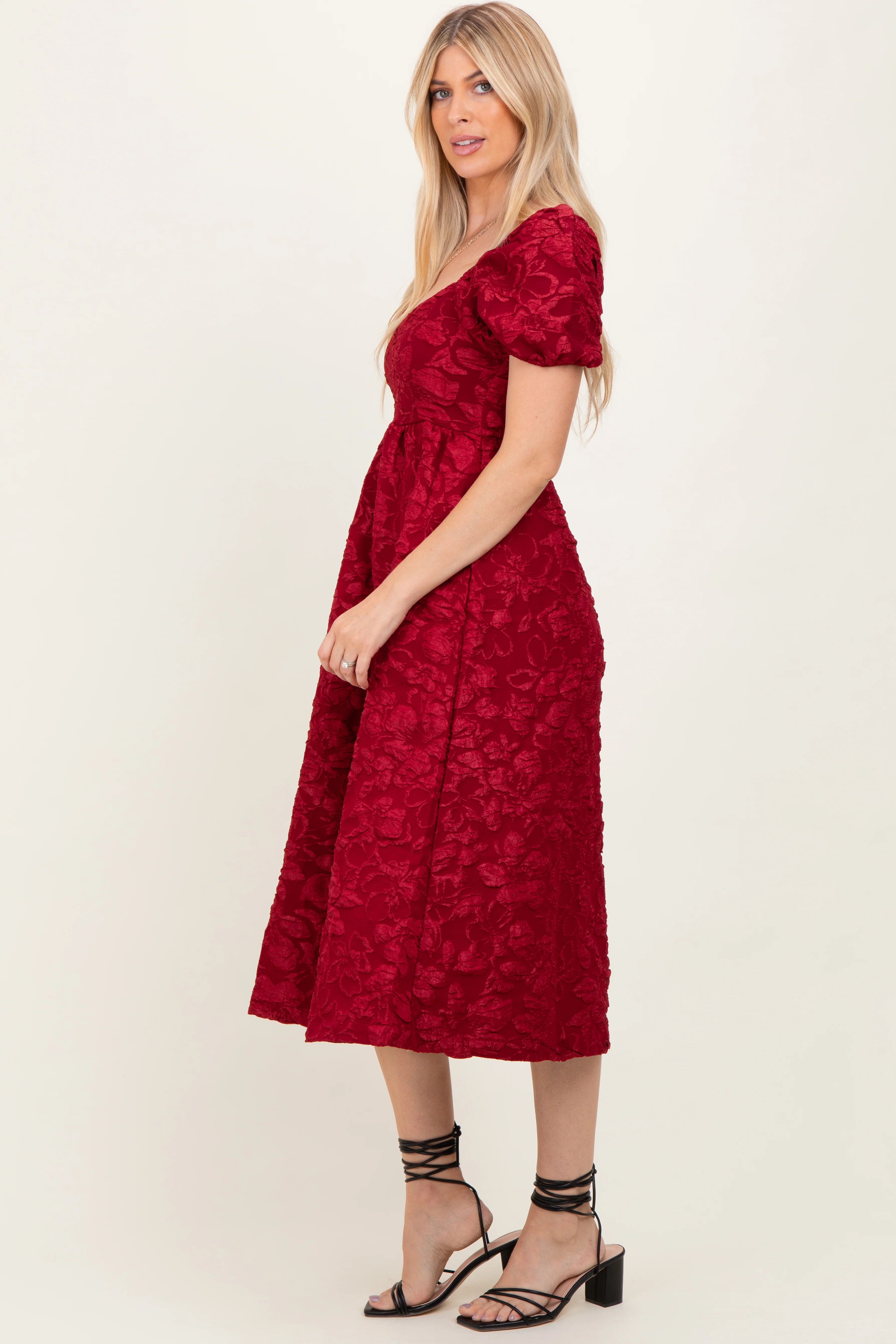Red Floral Jacquard Puff Sleeve Midi Dress - Image 3