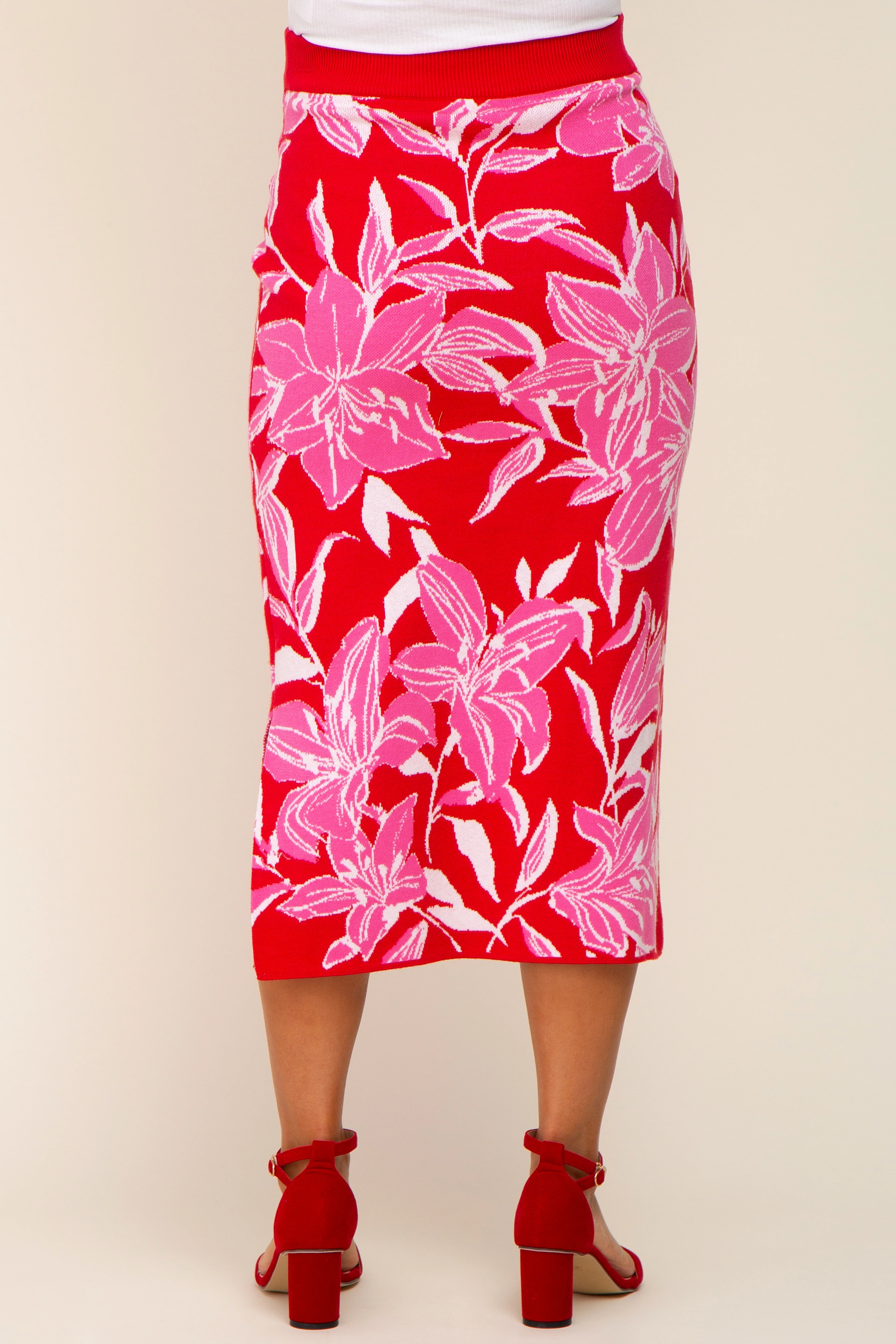 Red Floral Knit Maternity Midi Skirt - Image 4