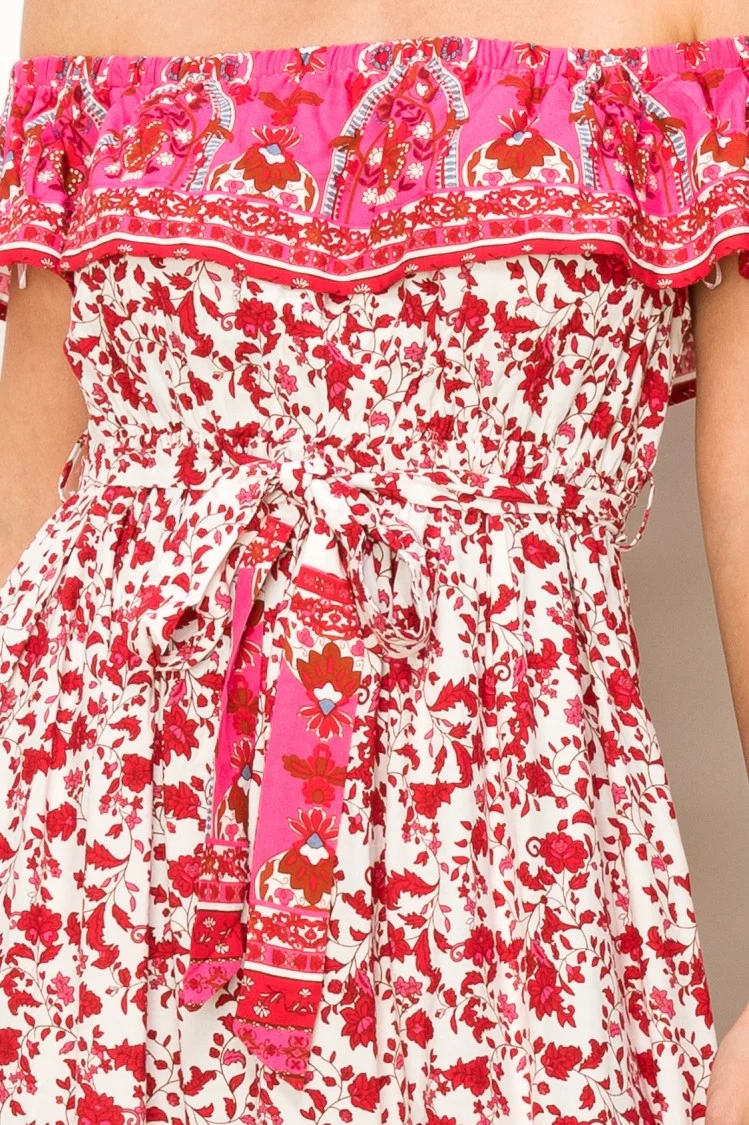Red Floral Paisley Ruffle Off Shoulder Maxi Dress - Image 6