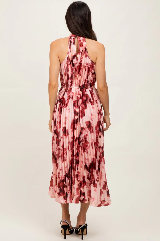 Red Floral Pleated Halter Midi Dress - Image 4