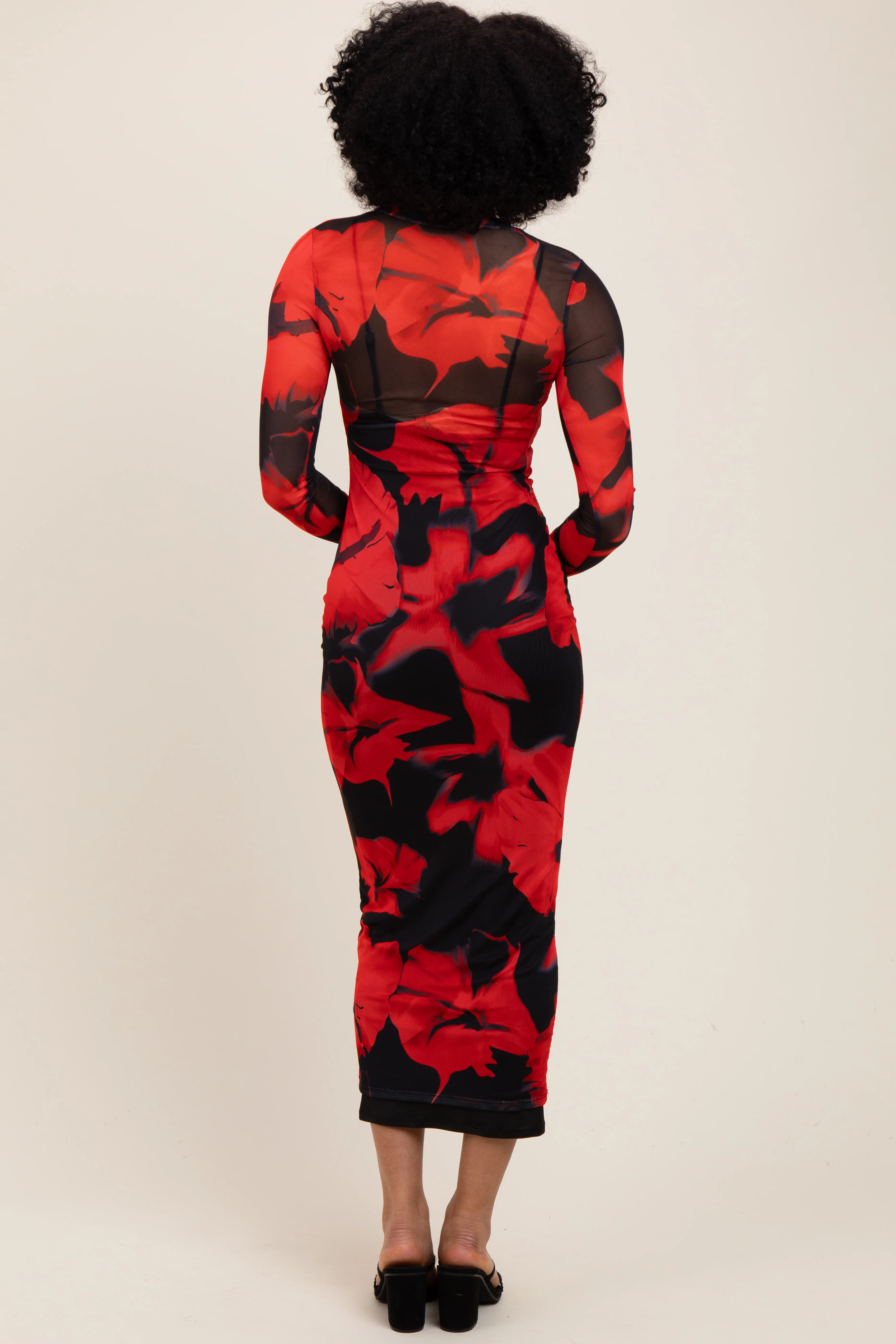 Red Floral Print Mesh Long Sleeve Maxi Dress - Image 3