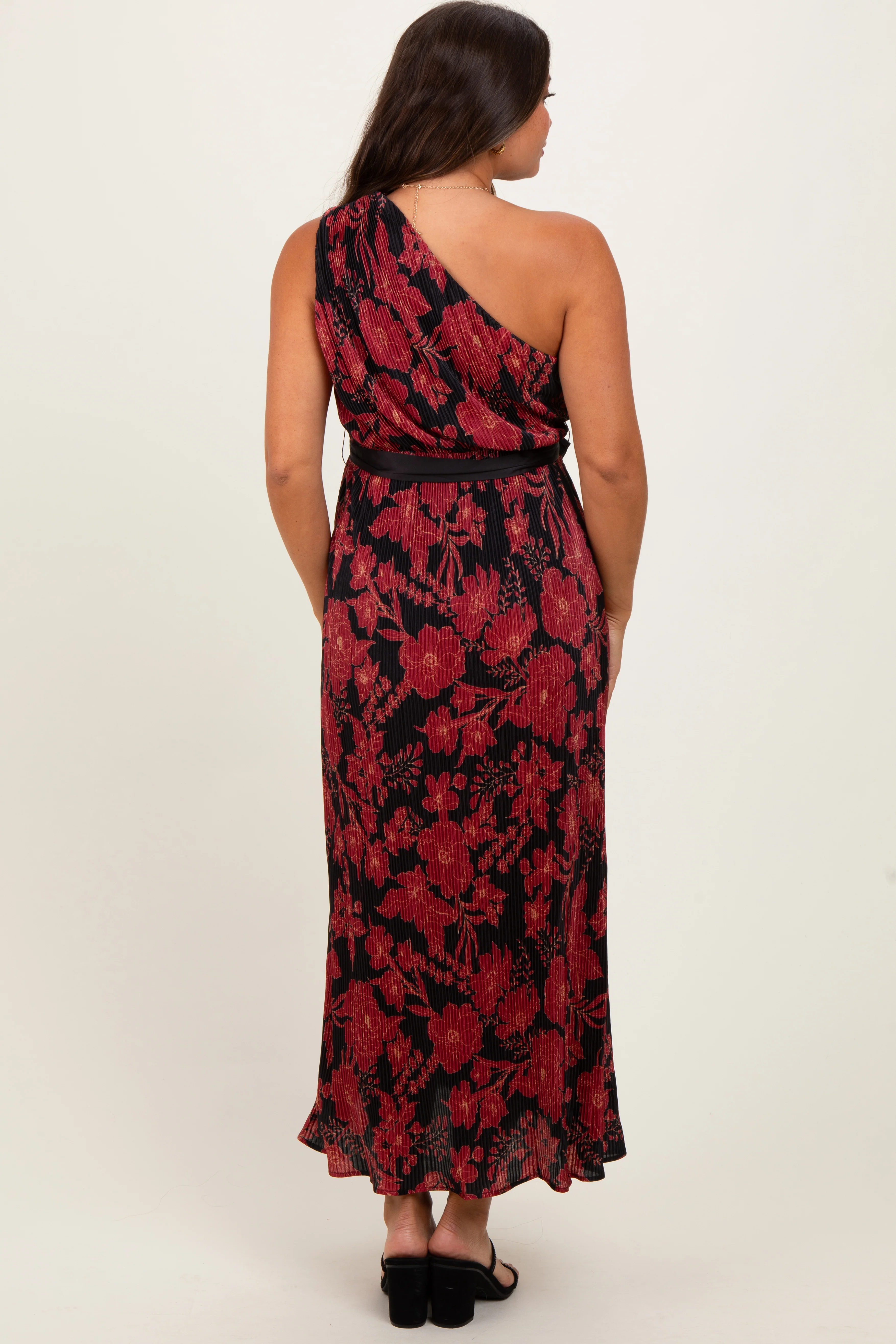 Red Floral Print Plisse One Shoulder Maternity Maxi Dress - Image 3