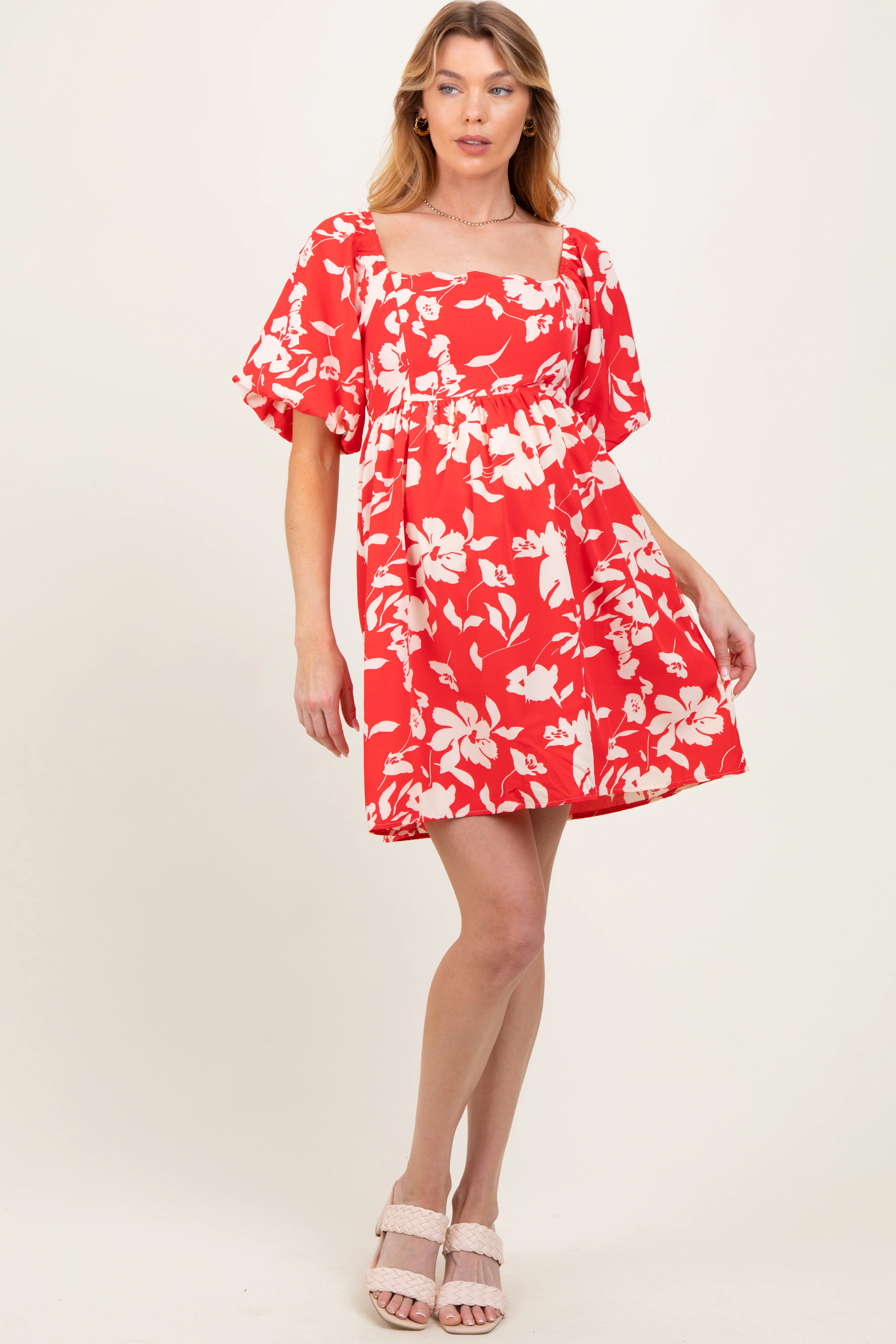 Red Floral Puff Sleeve Maternity Mini Dress - Image 3