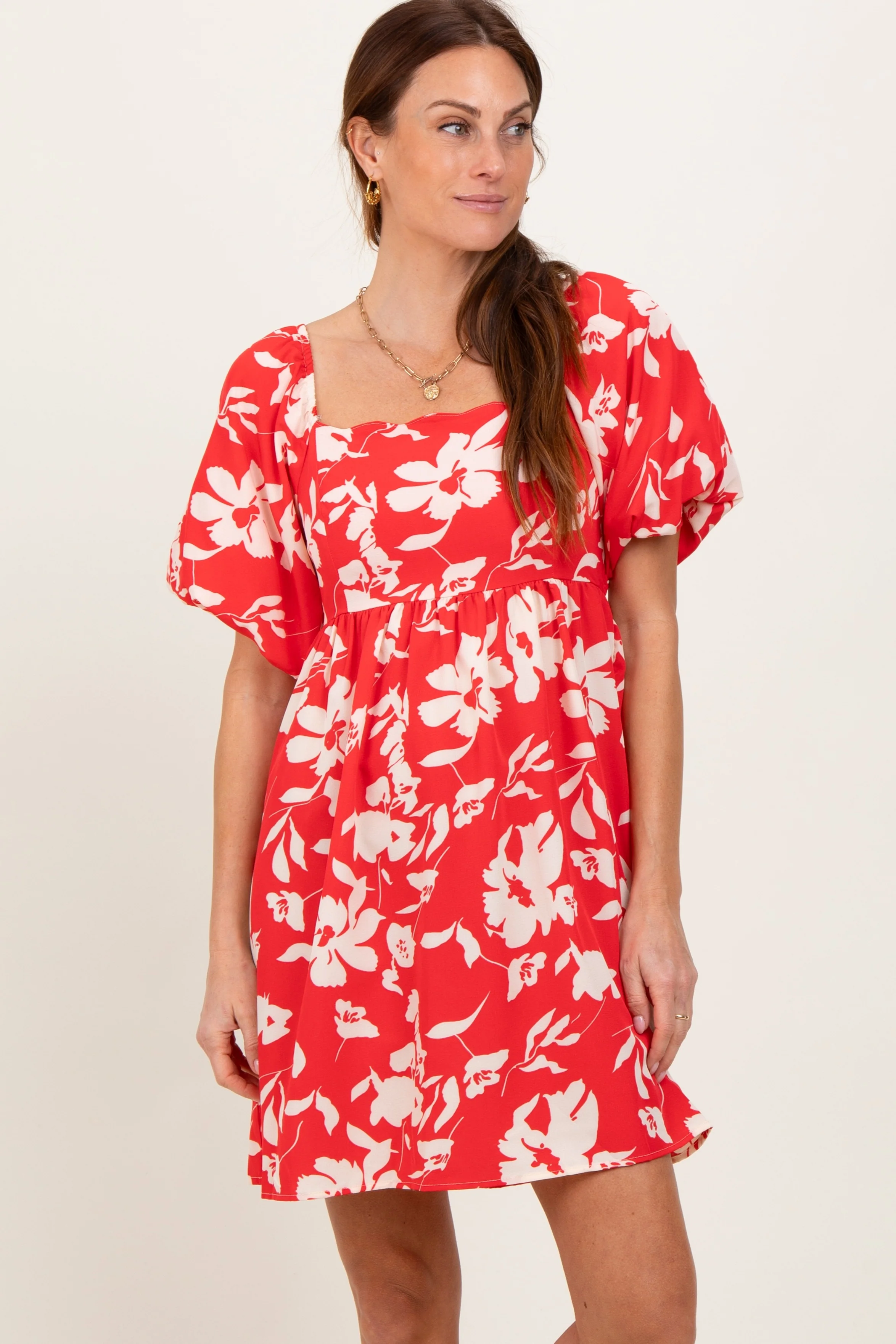 Red Floral Puff Sleeve Mini Dress