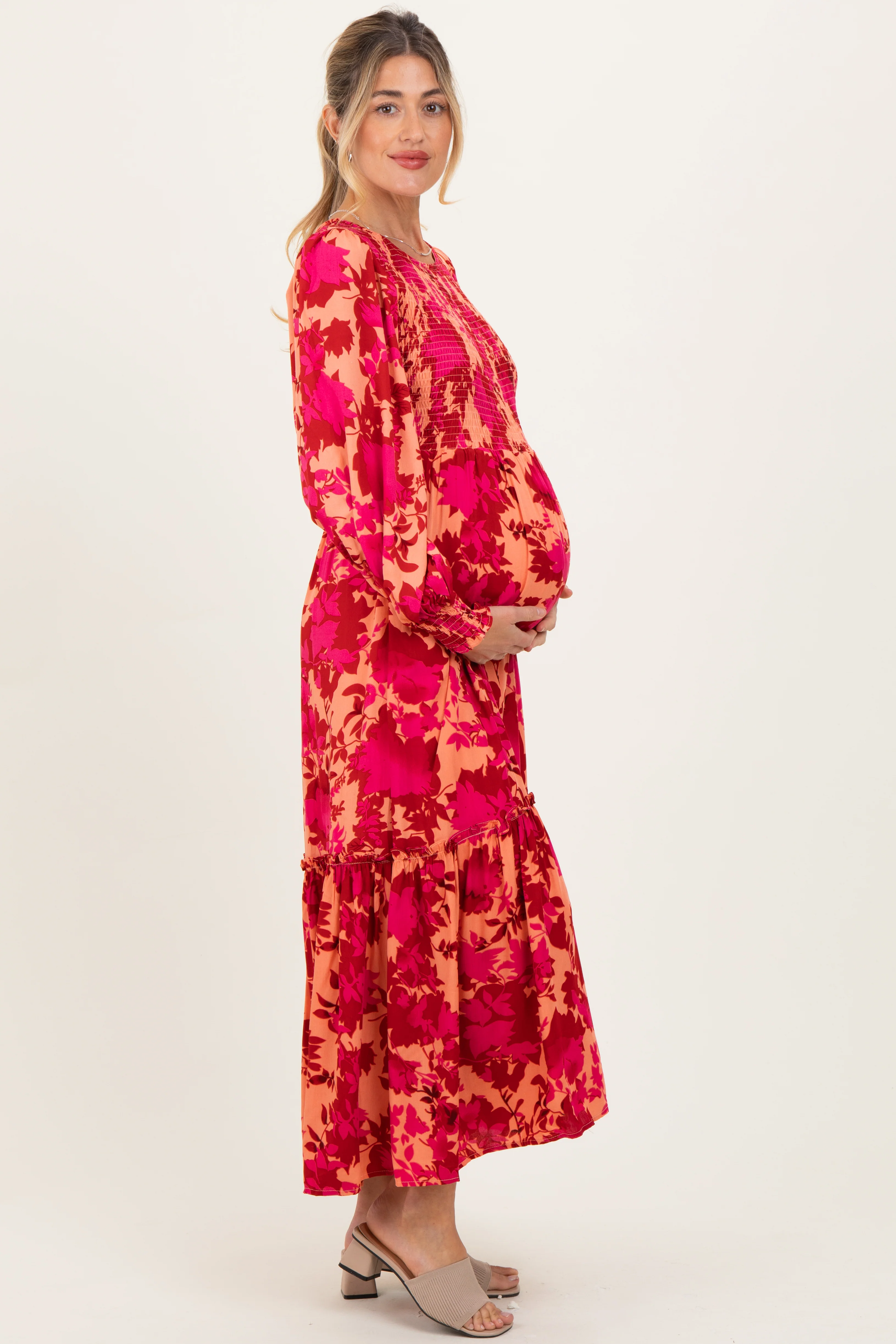 Red Floral Smocked Bodice Long Sleeve Maternity Maxi Dress - Image 3
