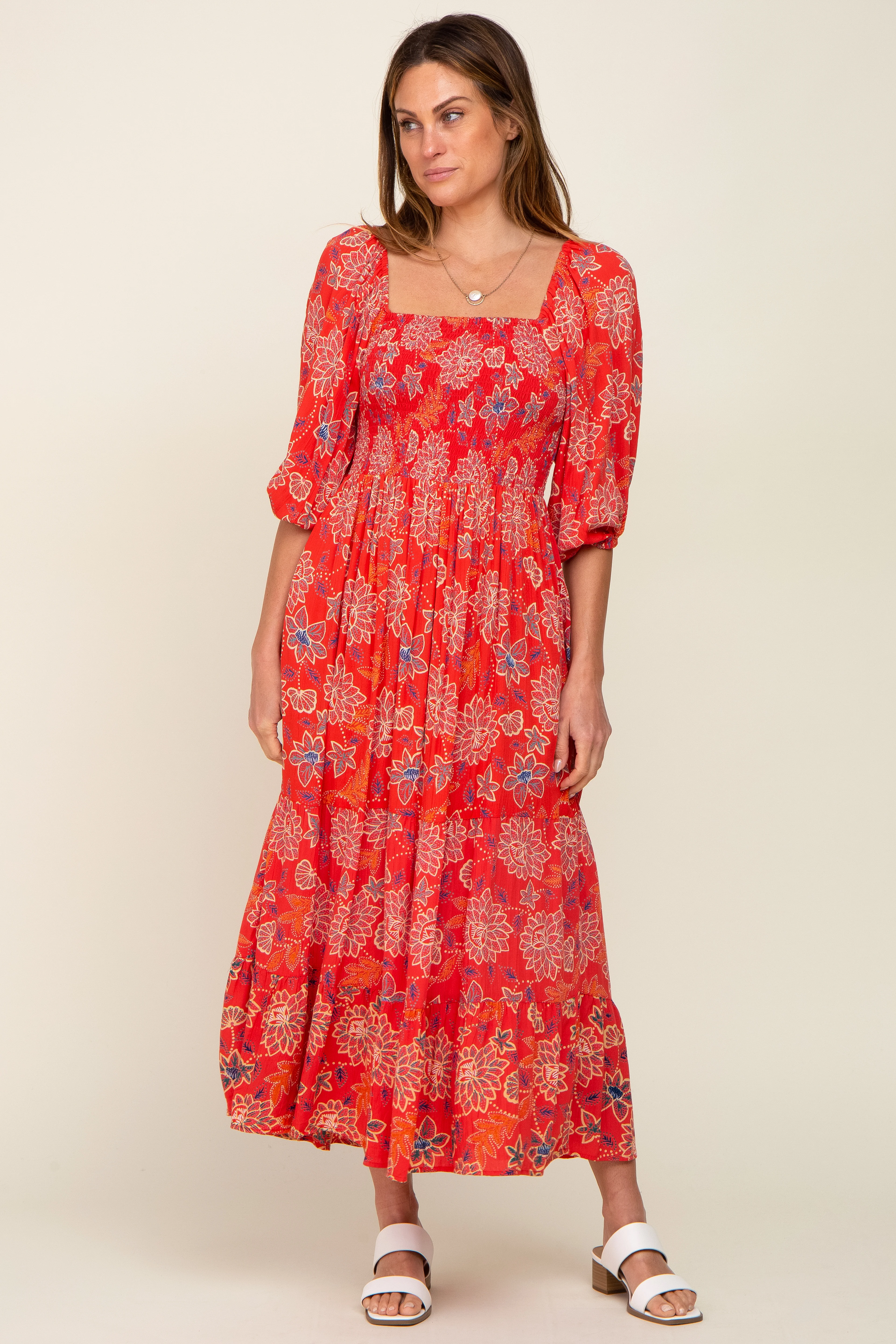 Red Floral Smocked Square Neck Tiered Midi Dress - Image 6