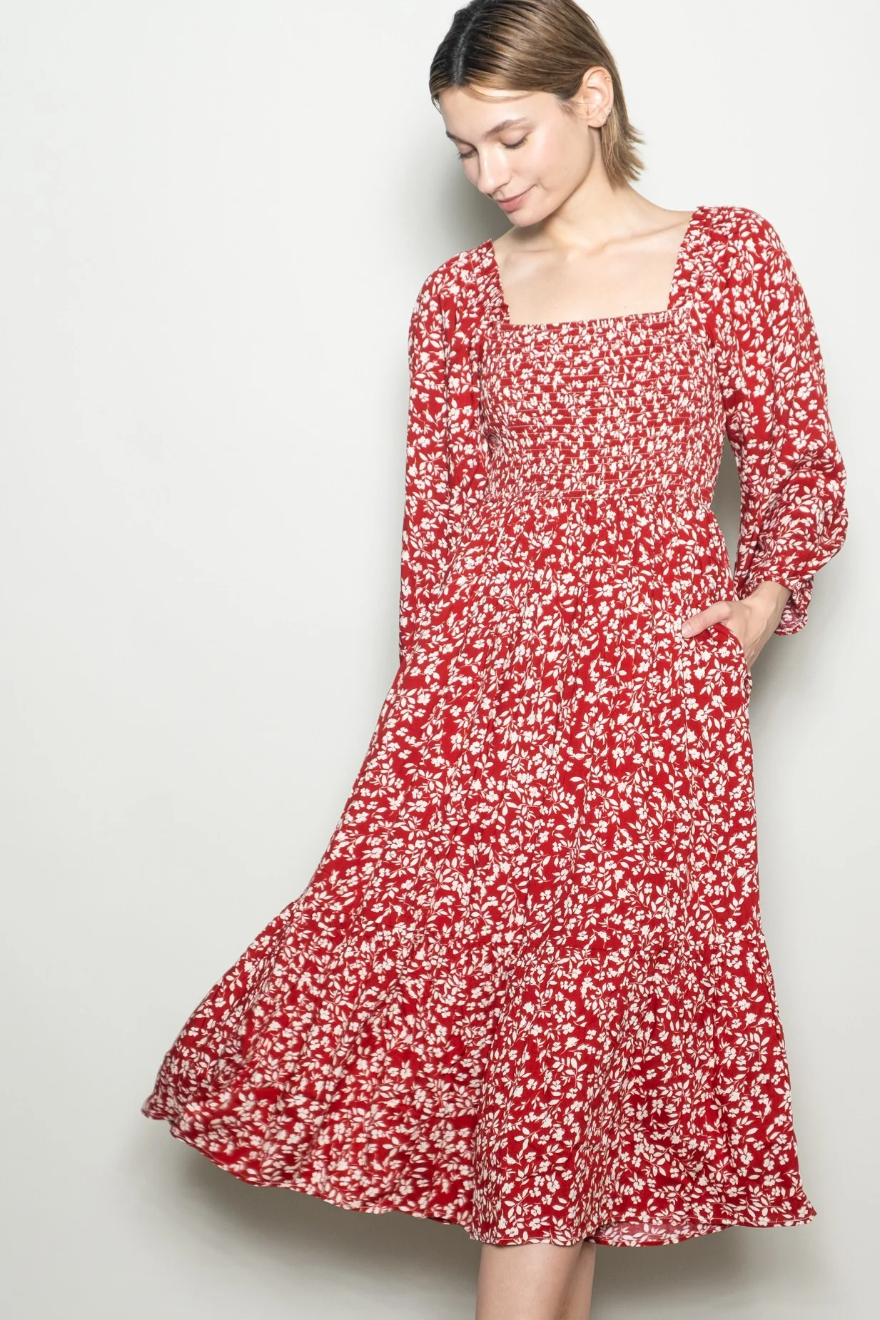 Red Floral Square Neck Maternity Maxi Dress - Image 5