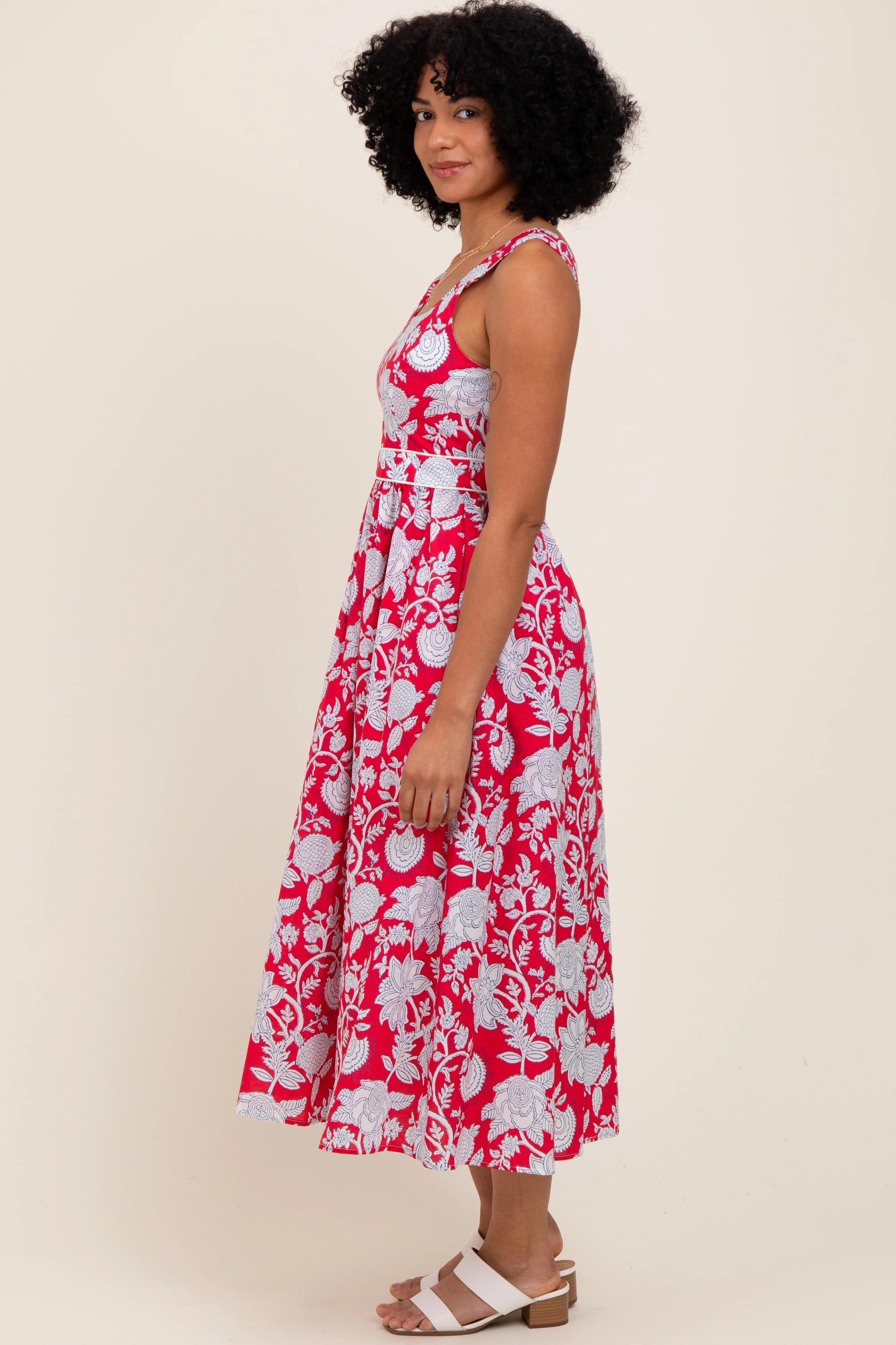 Red Floral Square Neck Sleeveless Midi Dress - Image 2