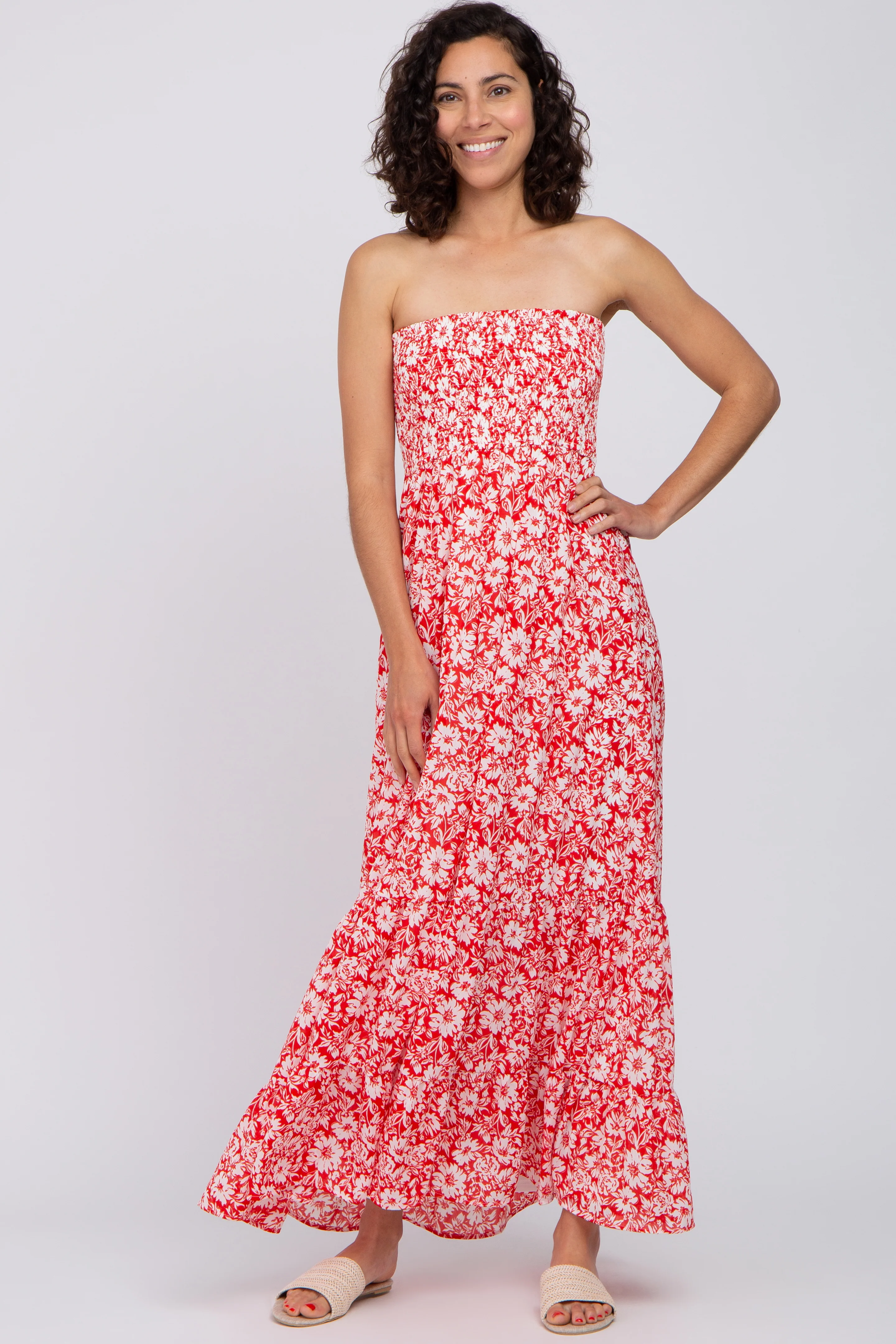 Red Floral Strapless Smocked Maternity Maxi Dress - Image 4