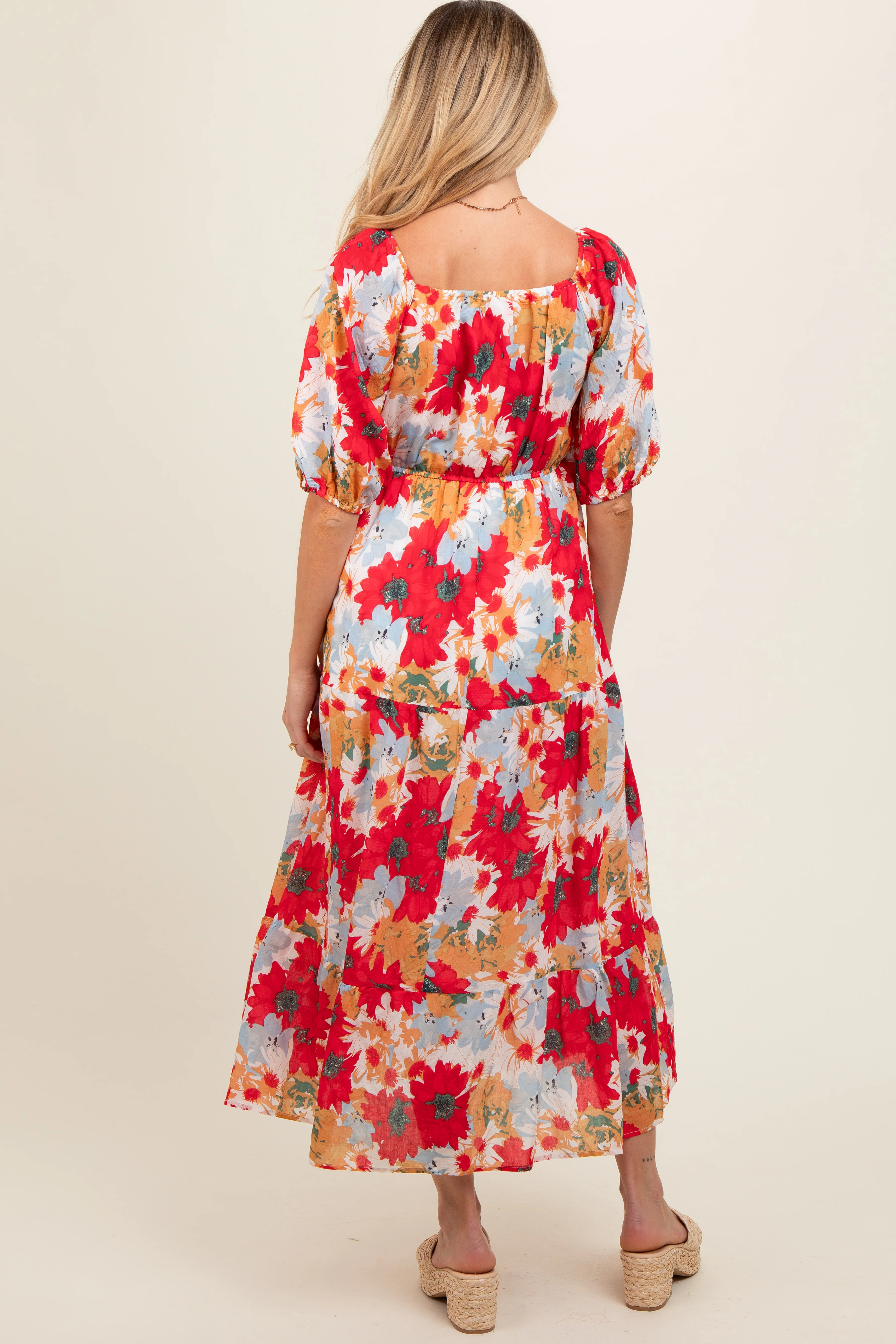 Red Floral V-Neck Short Puff Sleeve Tiered Maternity Midi Dress - Image 4