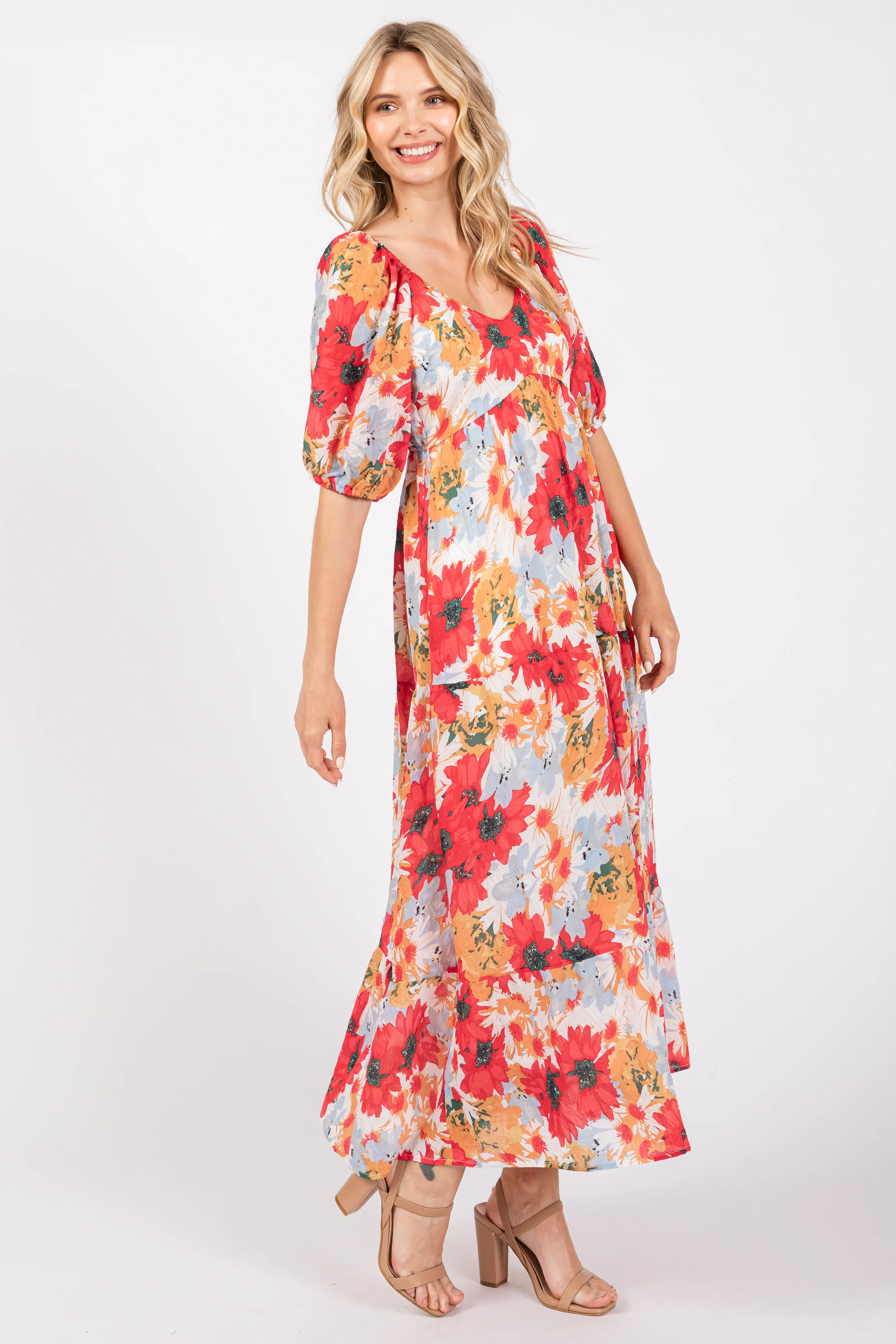 Red Floral V-Neck Short Puff Sleeve Tiered Midi Dress - Image 2