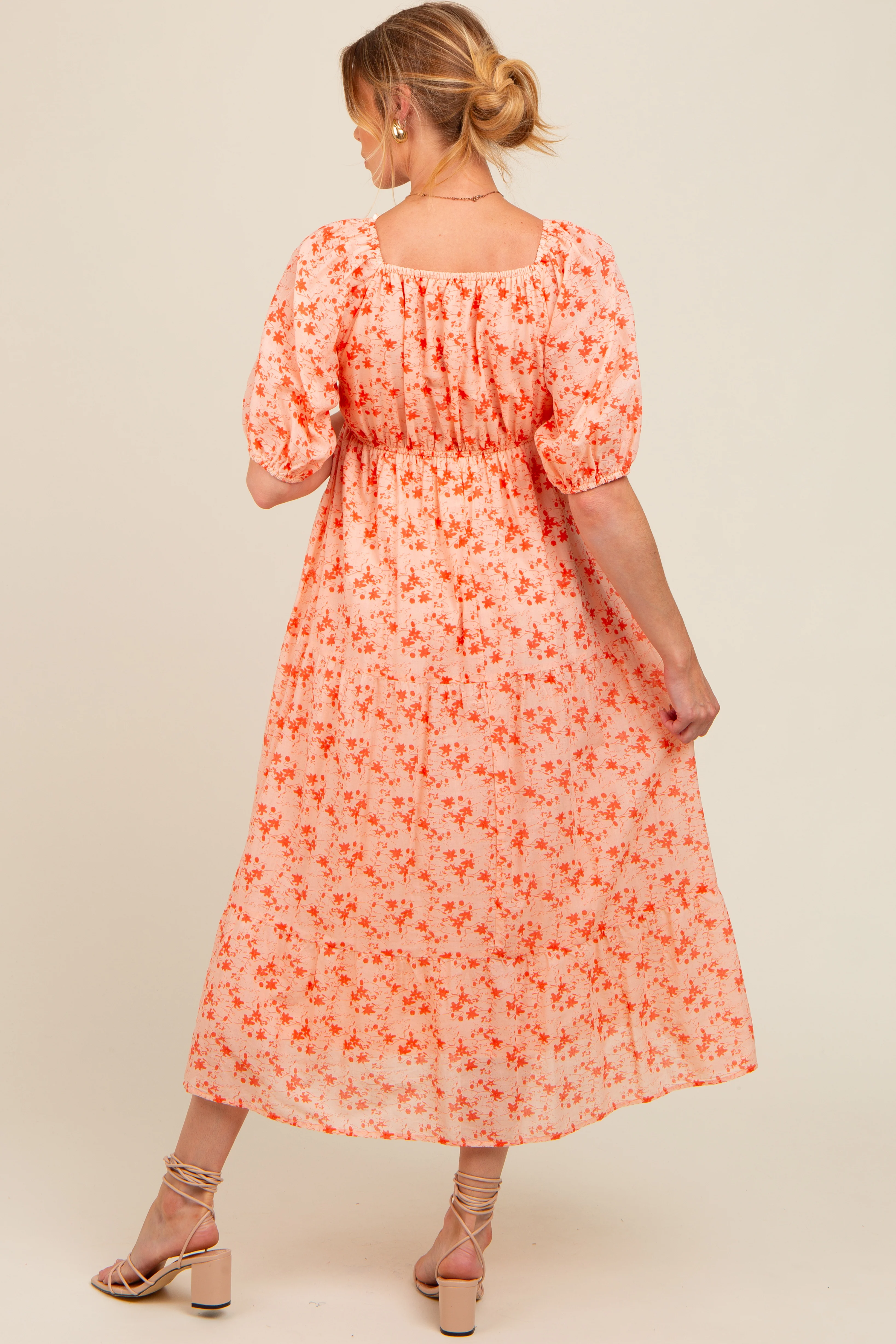 Red Floral V-Neck Tiered Maternity Midi Dress - Image 3