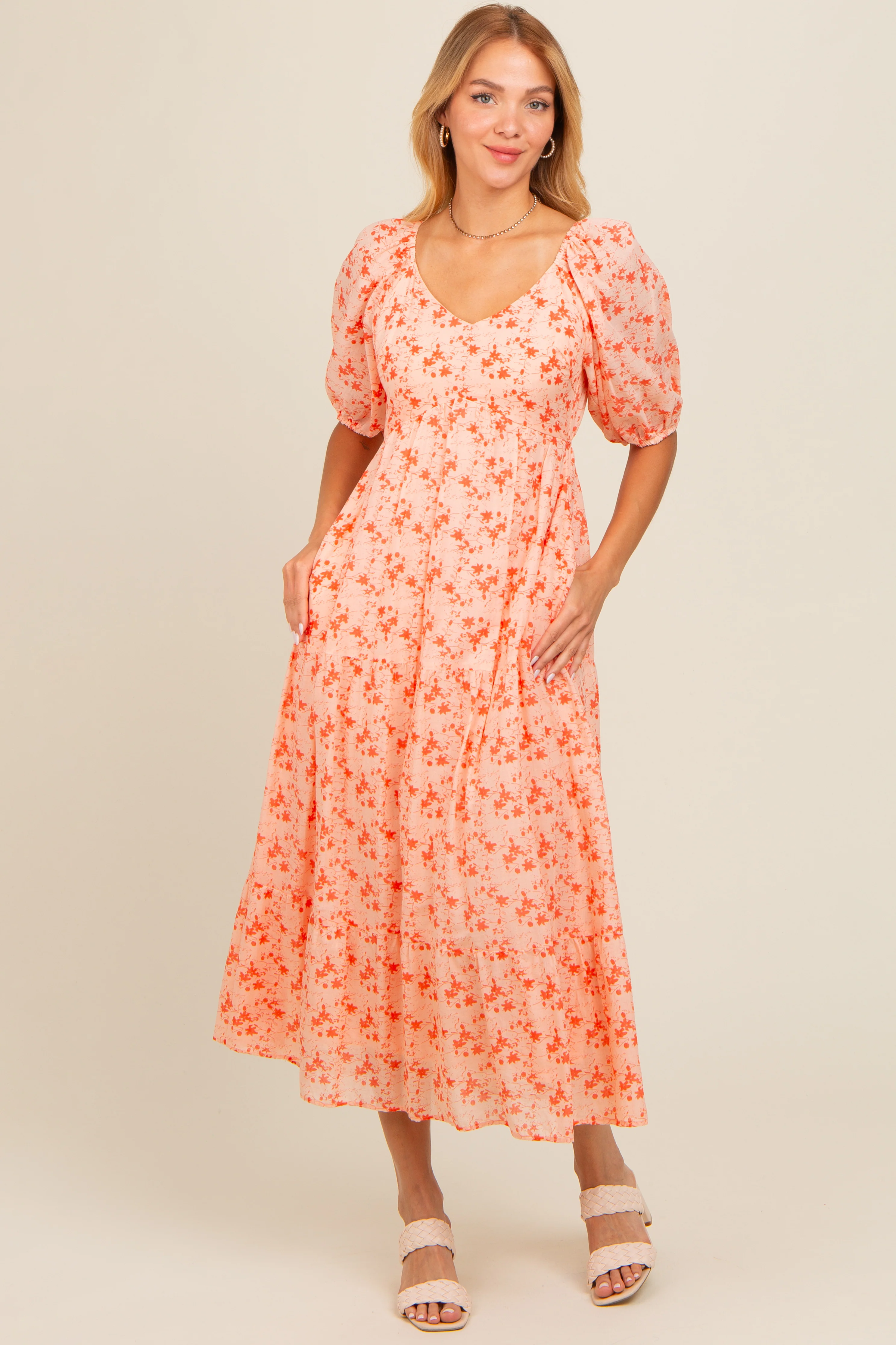 Red Floral V-Neck Tiered Maternity Midi Dress - Image 4