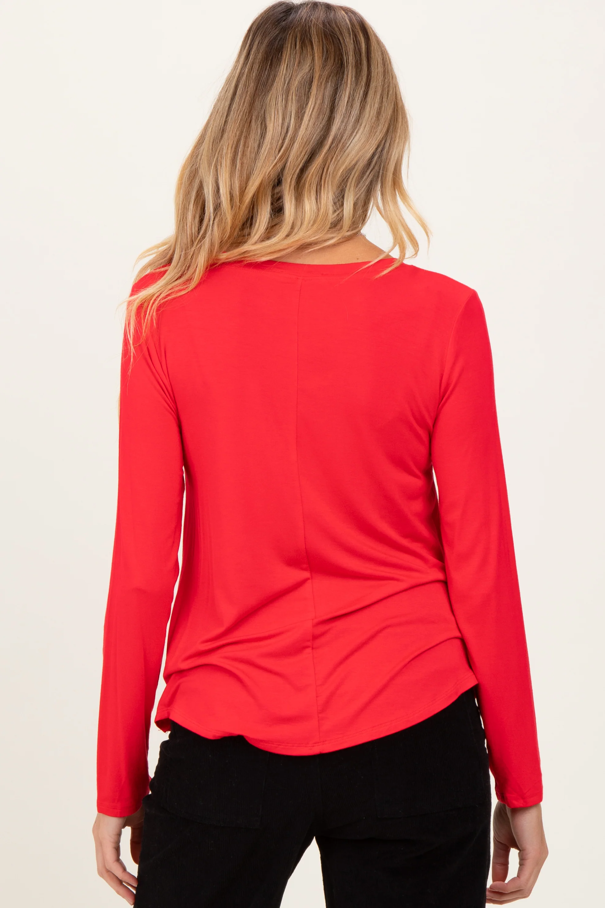 Red Flowy Round Hem Maternity Long Sleeve Top - Image 3