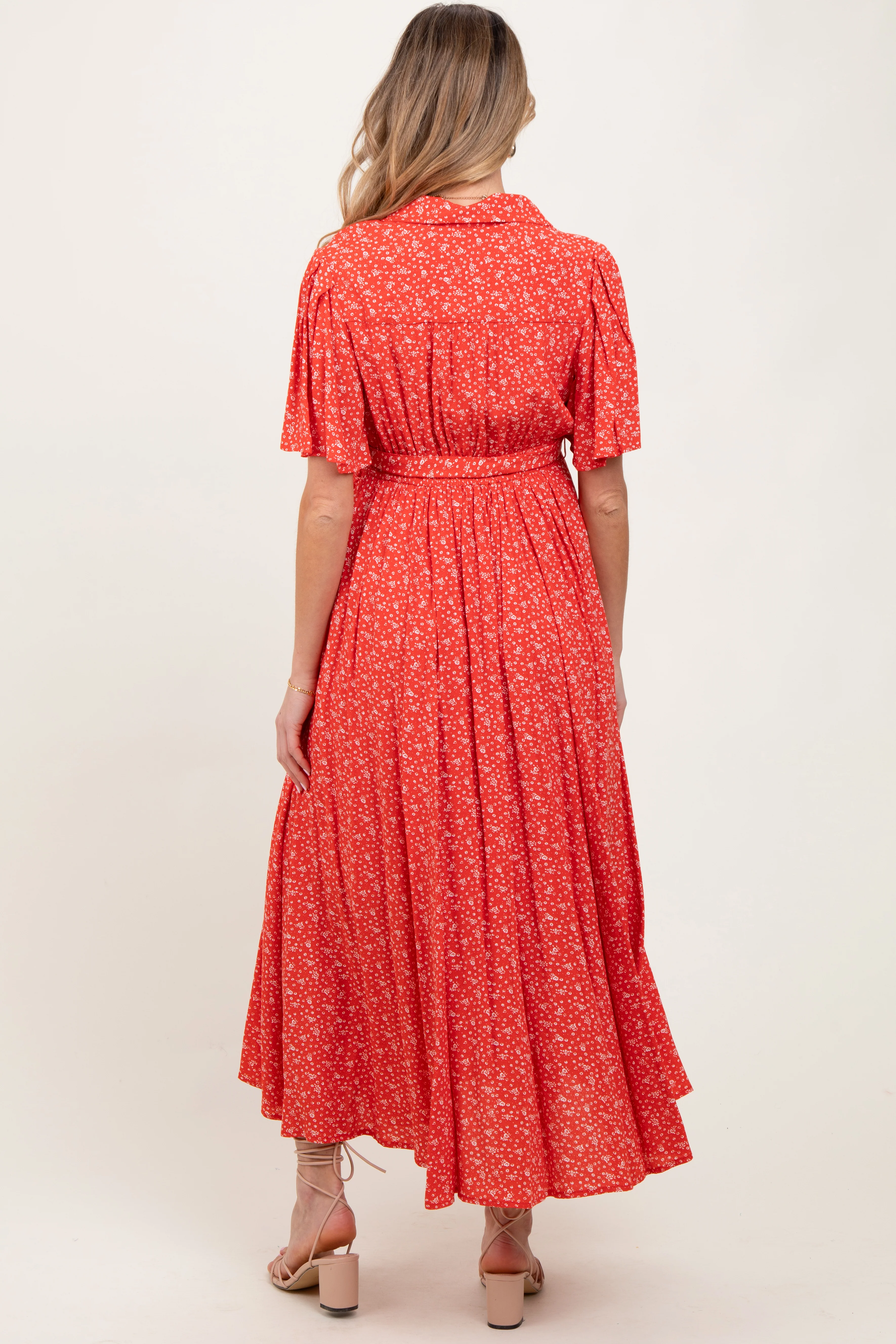 Red Flutter Sleeve Button Down Maternity Maxi Dress - Image 4