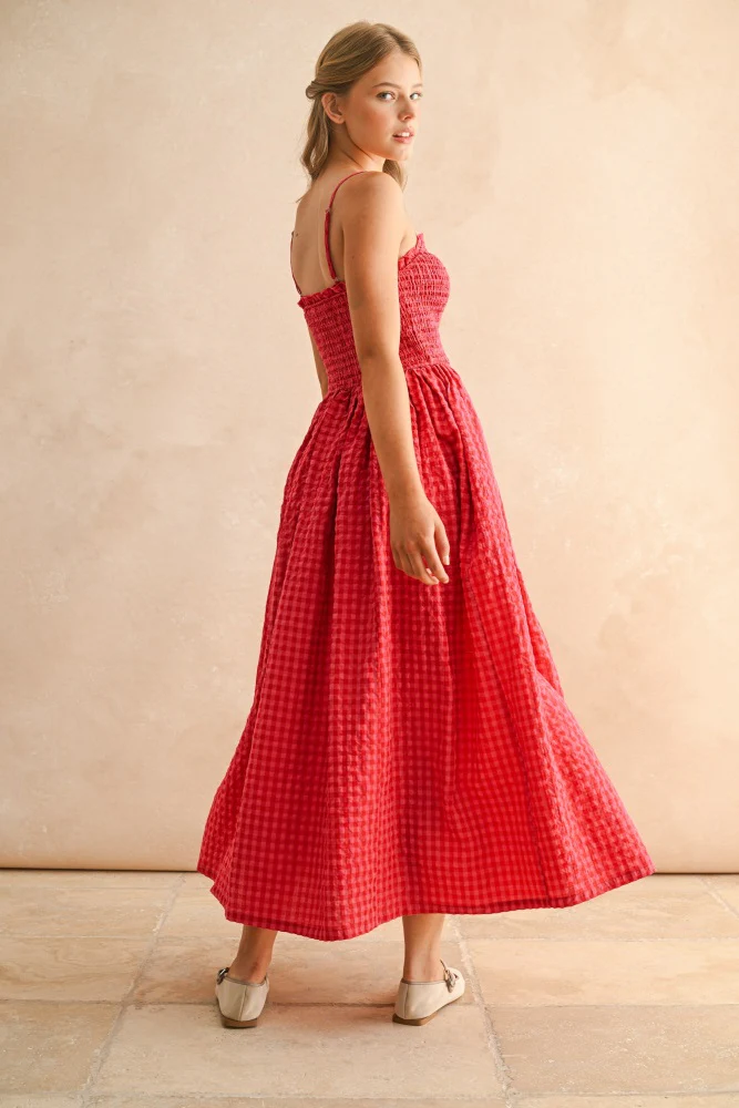 Red Gingham Smocked Ruffle Accent Maxi Dress - Image 4