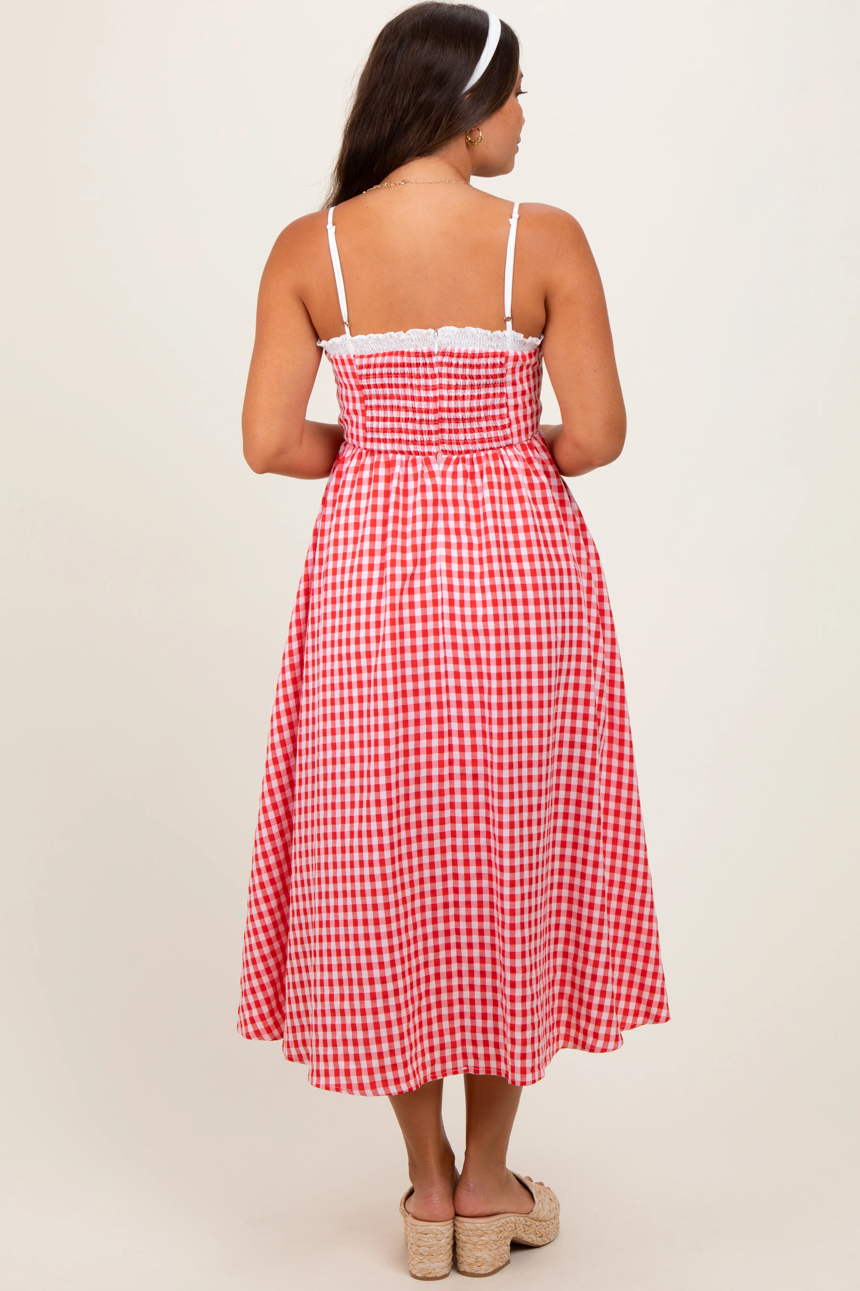 Red Gingham Smocked Trim Maternity Midi Dress - Image 4