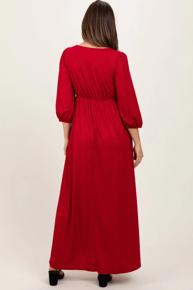 Red Glitter V-Neck Maternity Maxi Dress - Image 4
