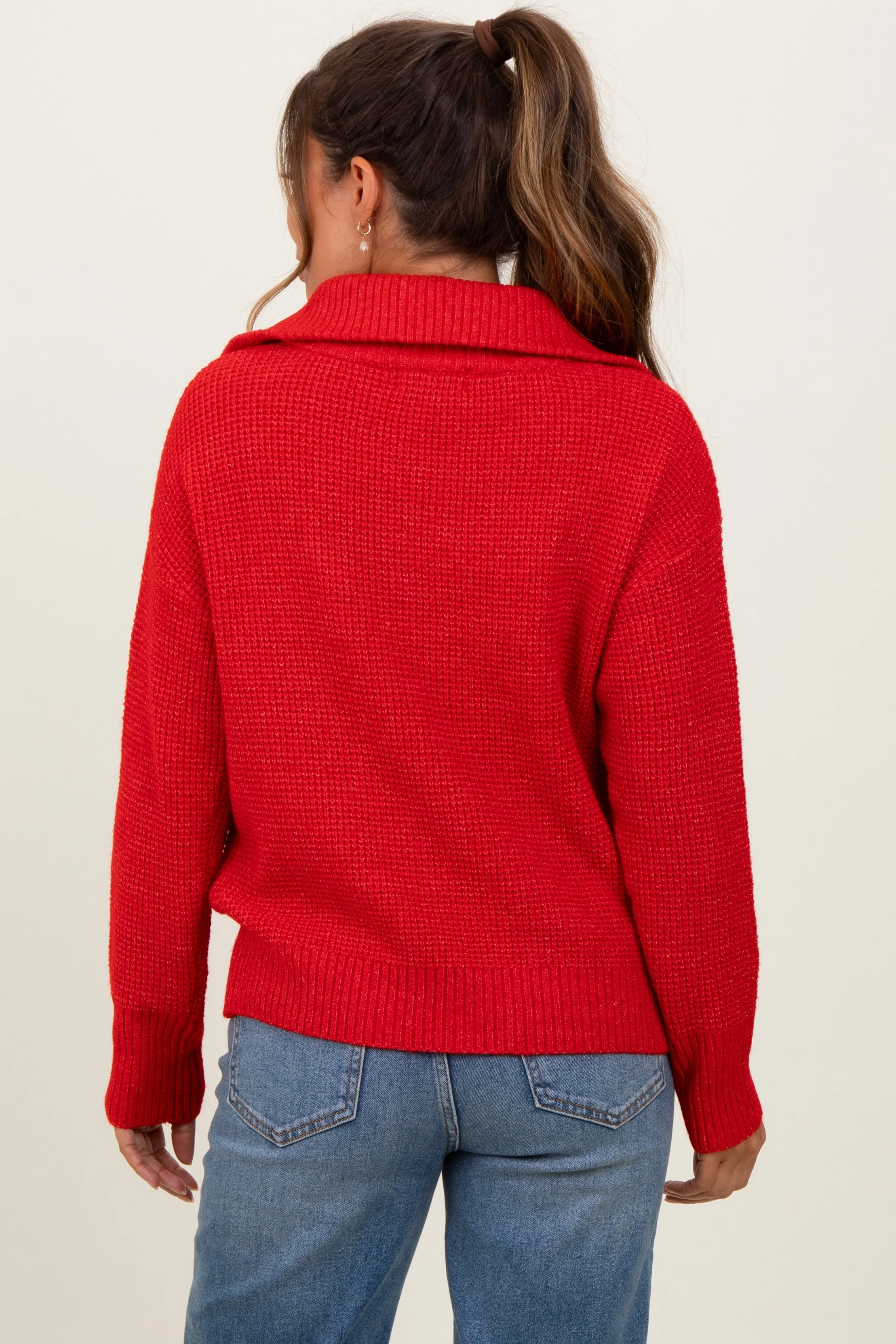 Red Half Zip Maternity Pullover Sweater - Image 3
