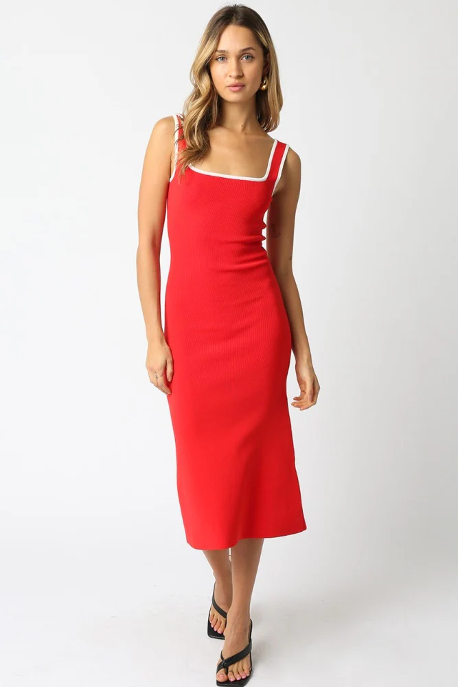Red Knit Contrast Trim Square Neck Maternity Midi Dress - Image 5