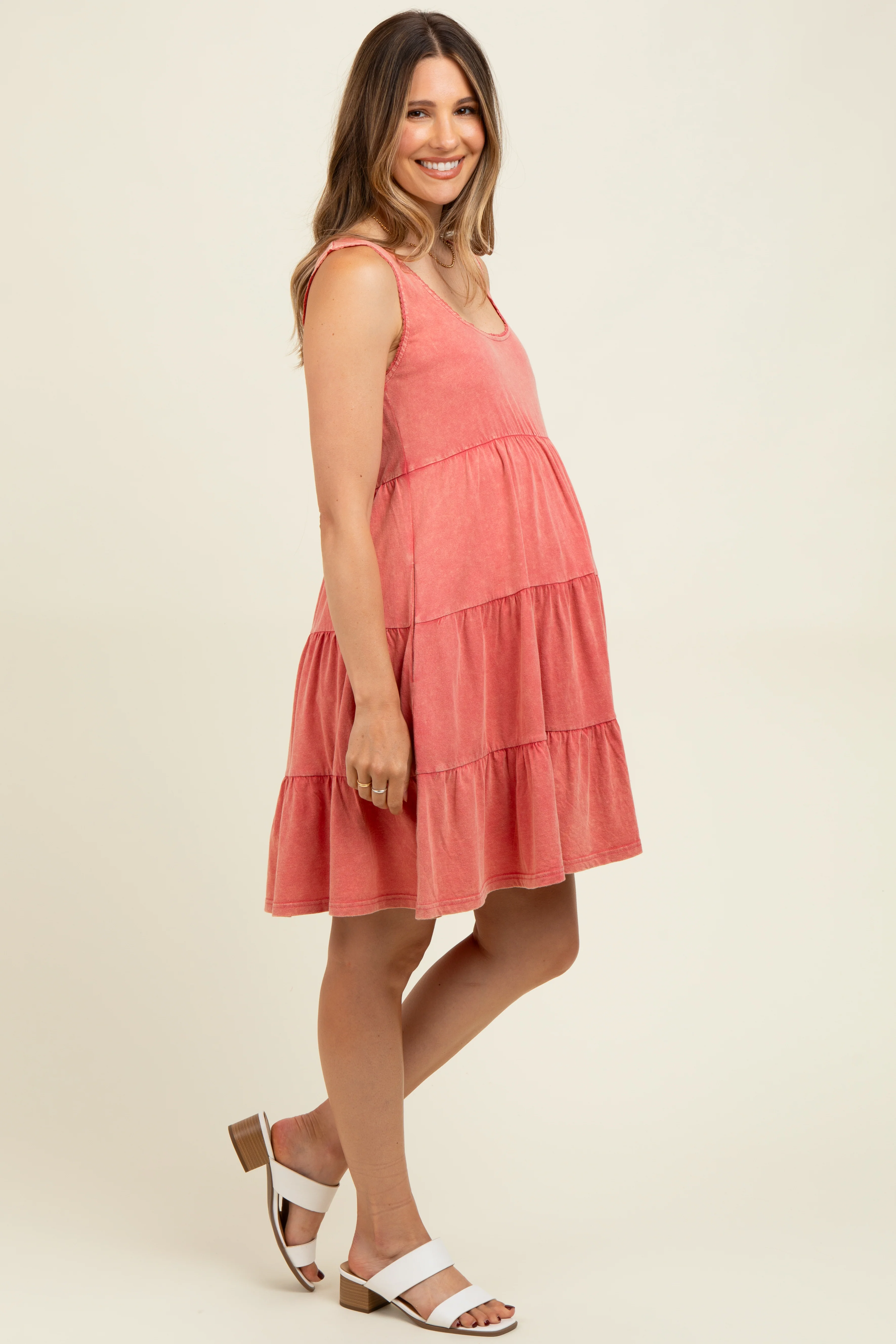 Red Lace Trim Washed Cotton Maternity Tank Dress - Image 3
