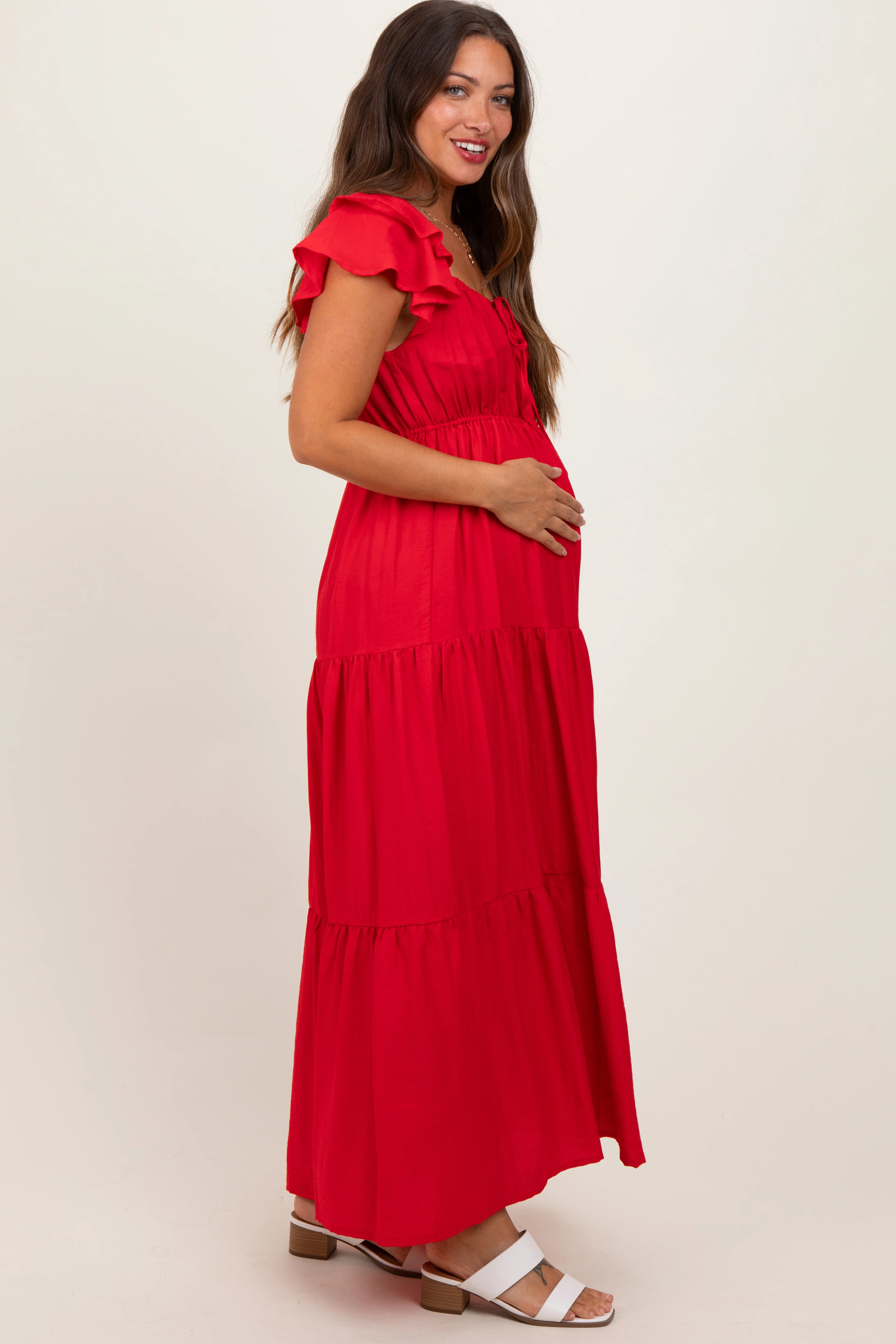 Red Layered Flutter Sleeve Tiered Maternity Maxi Dress - Image 3