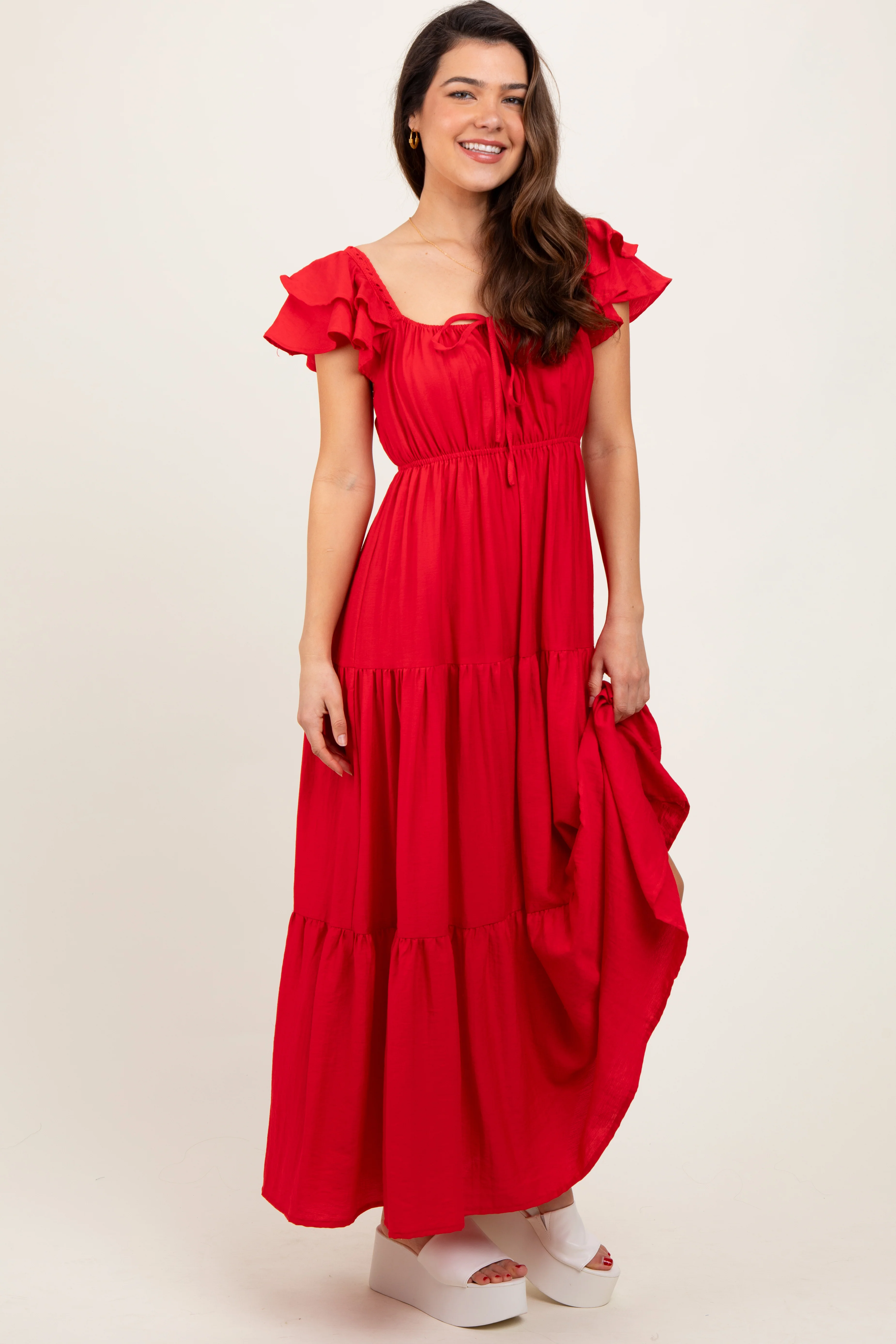 Red Layered Flutter Sleeve Tiered Maternity Maxi Dress - Image 5