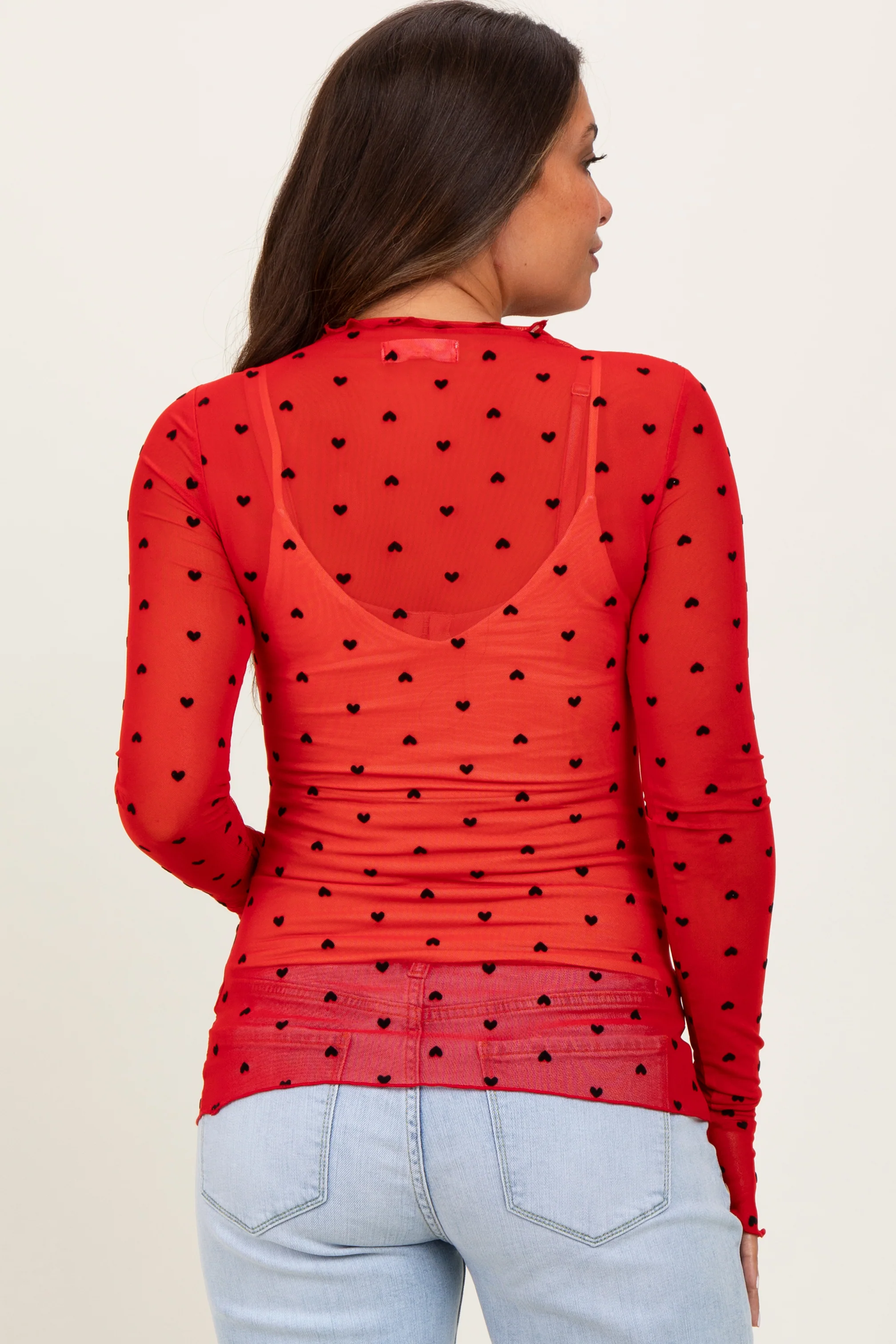 Red Mesh Heart High Neck Long Sleeve Maternity Top - Image 3