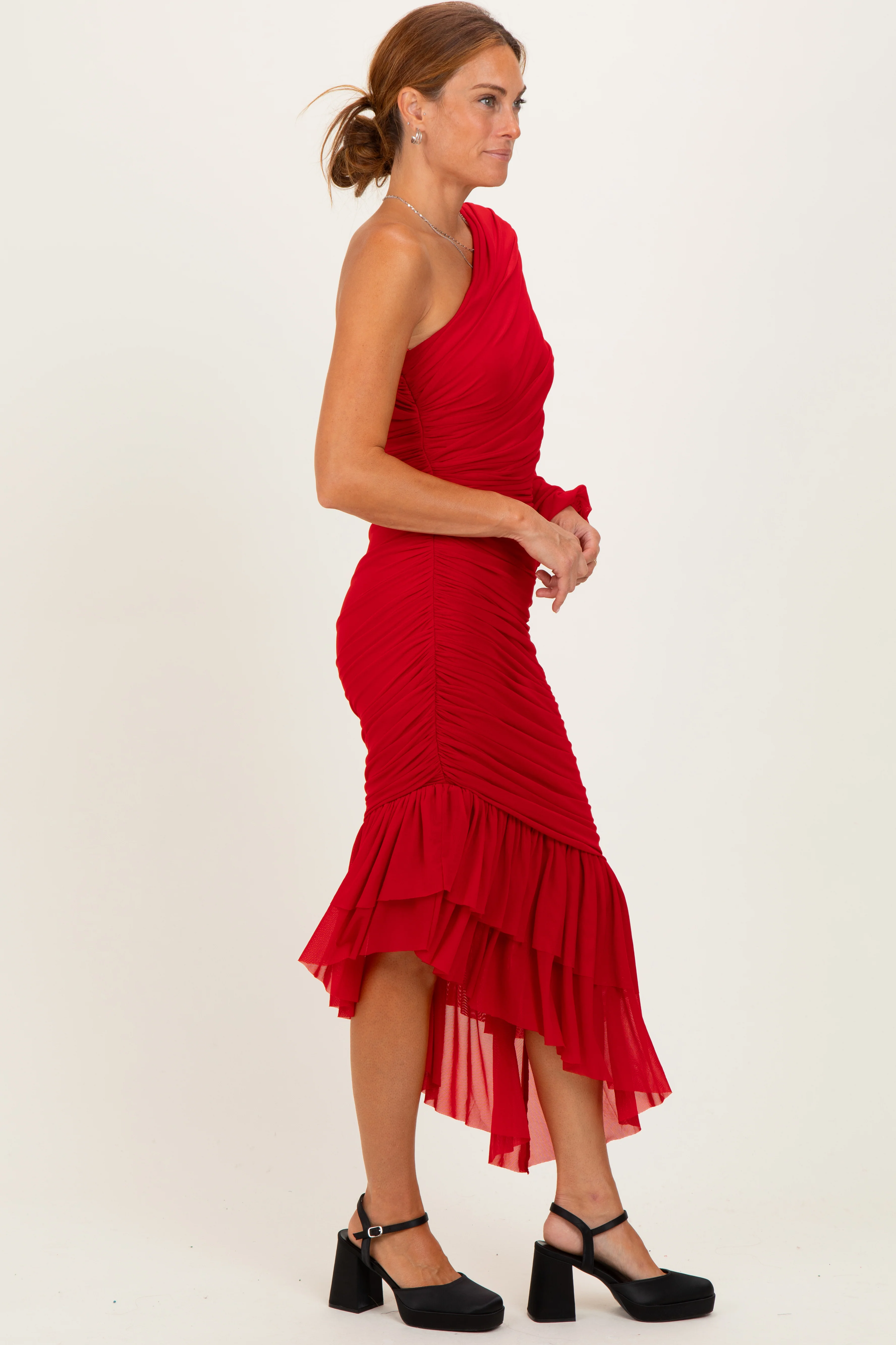 Red Mesh Ruched One Shoulder Asymmetric Dress - Image 3