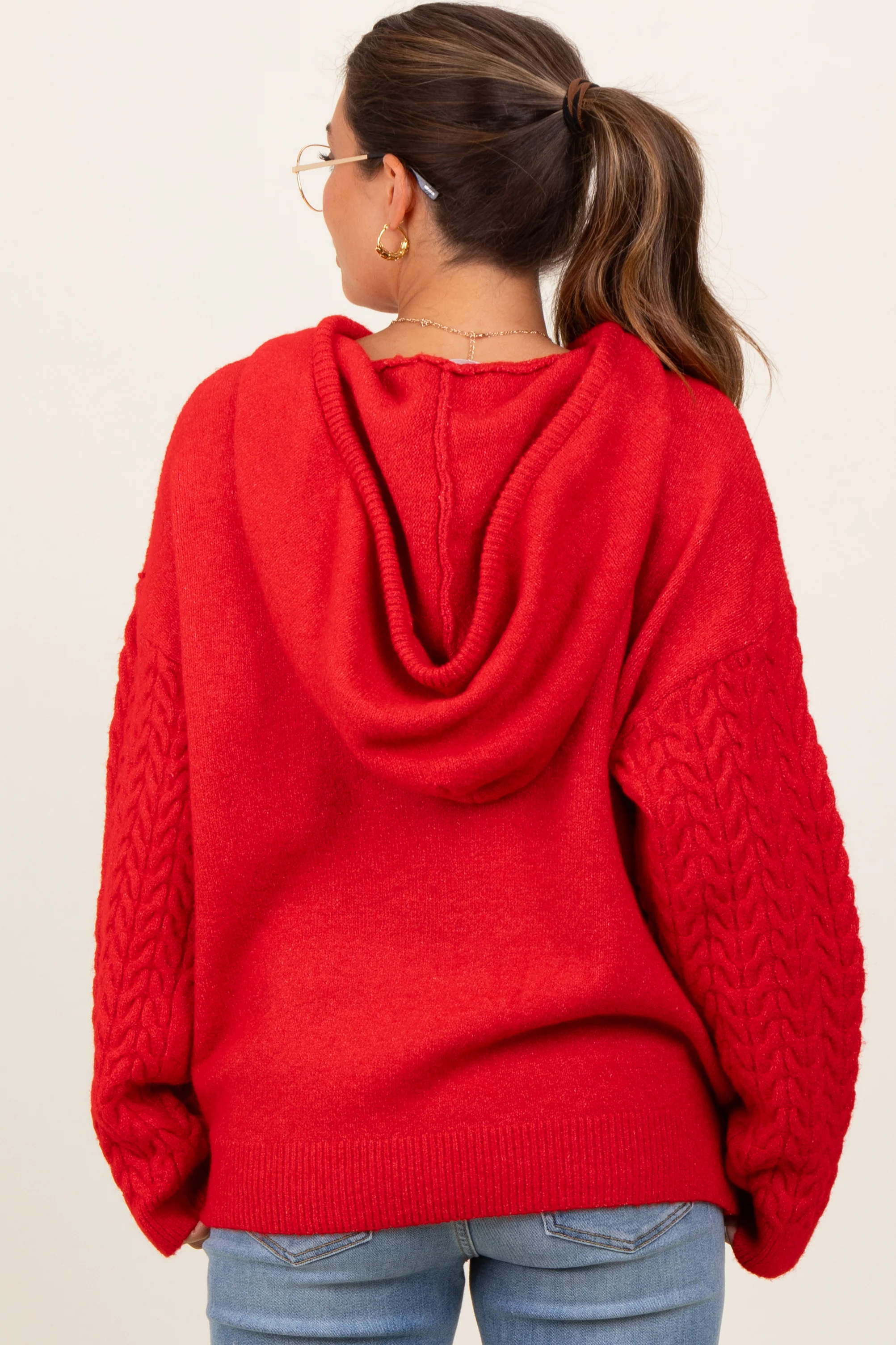 Red Mixed Knit Maternity Hooded Sweater - Image 3