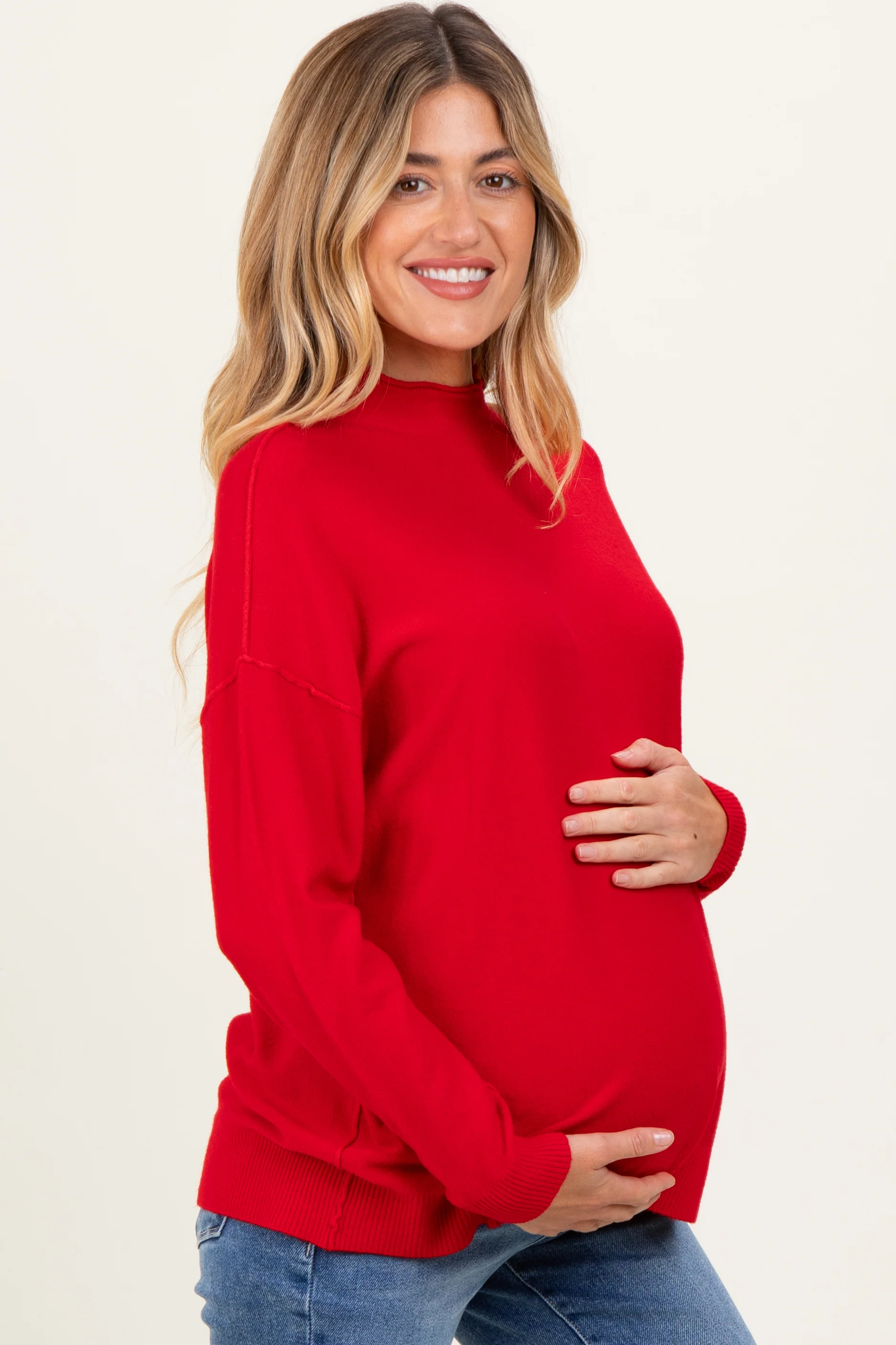 Red Mock Neck Exposed Seam Maternity Sweater - Image 3