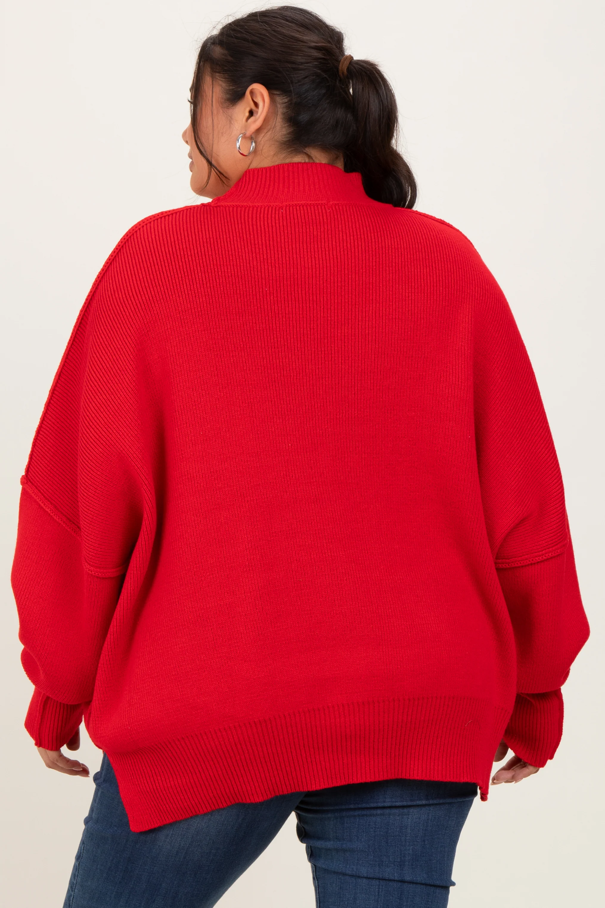 Red Mock Neck Exposed Seam Sweater - Image 4