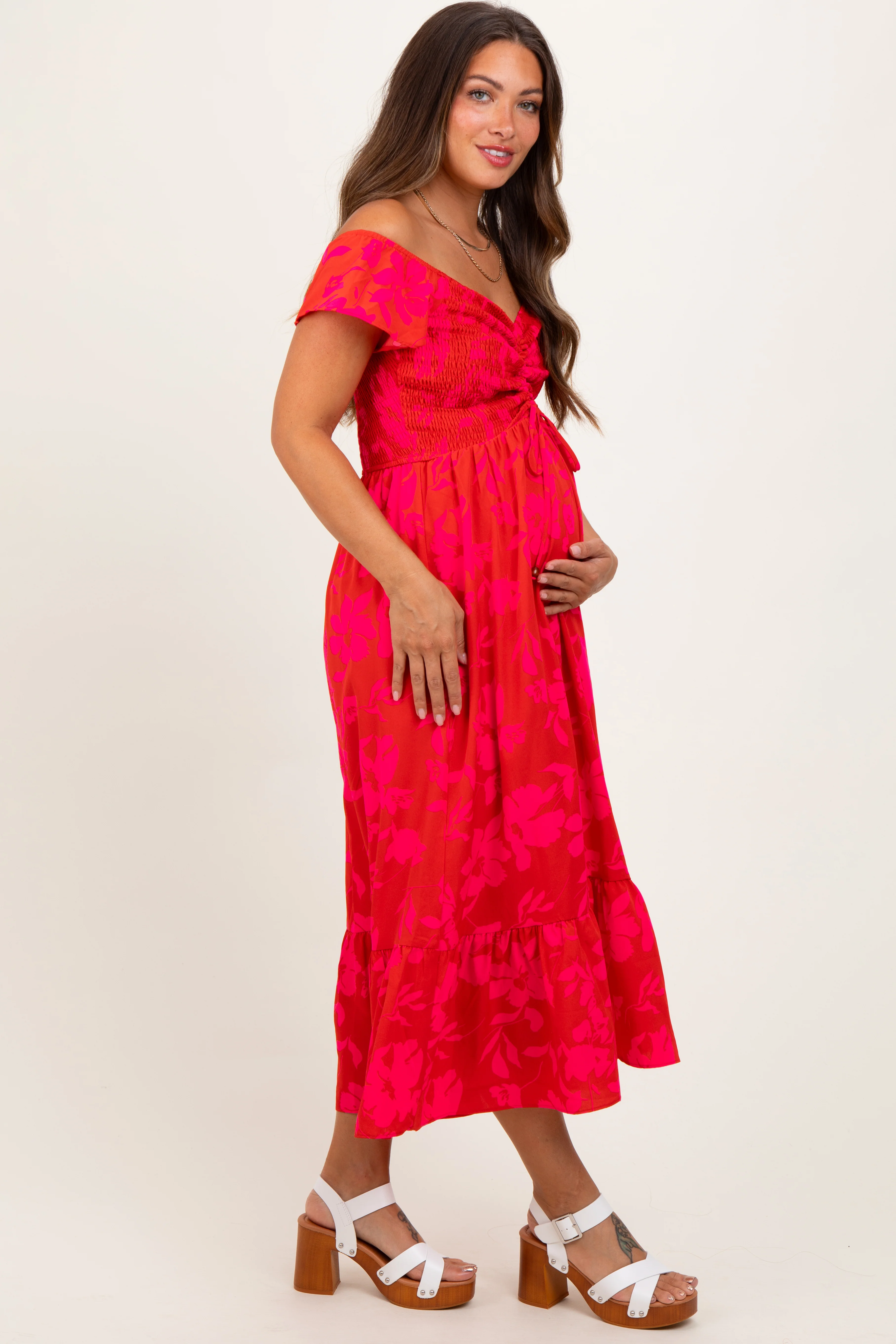 Red Multi Smocked Top Maternity Maxi Dress - Image 3