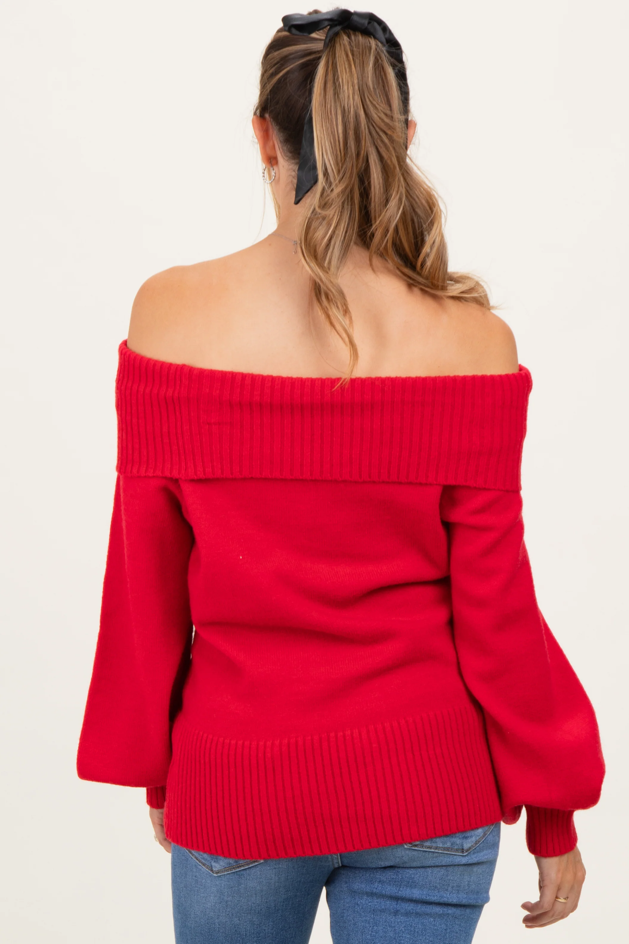 Red Off Shoulder Maternity Sweater - Image 4