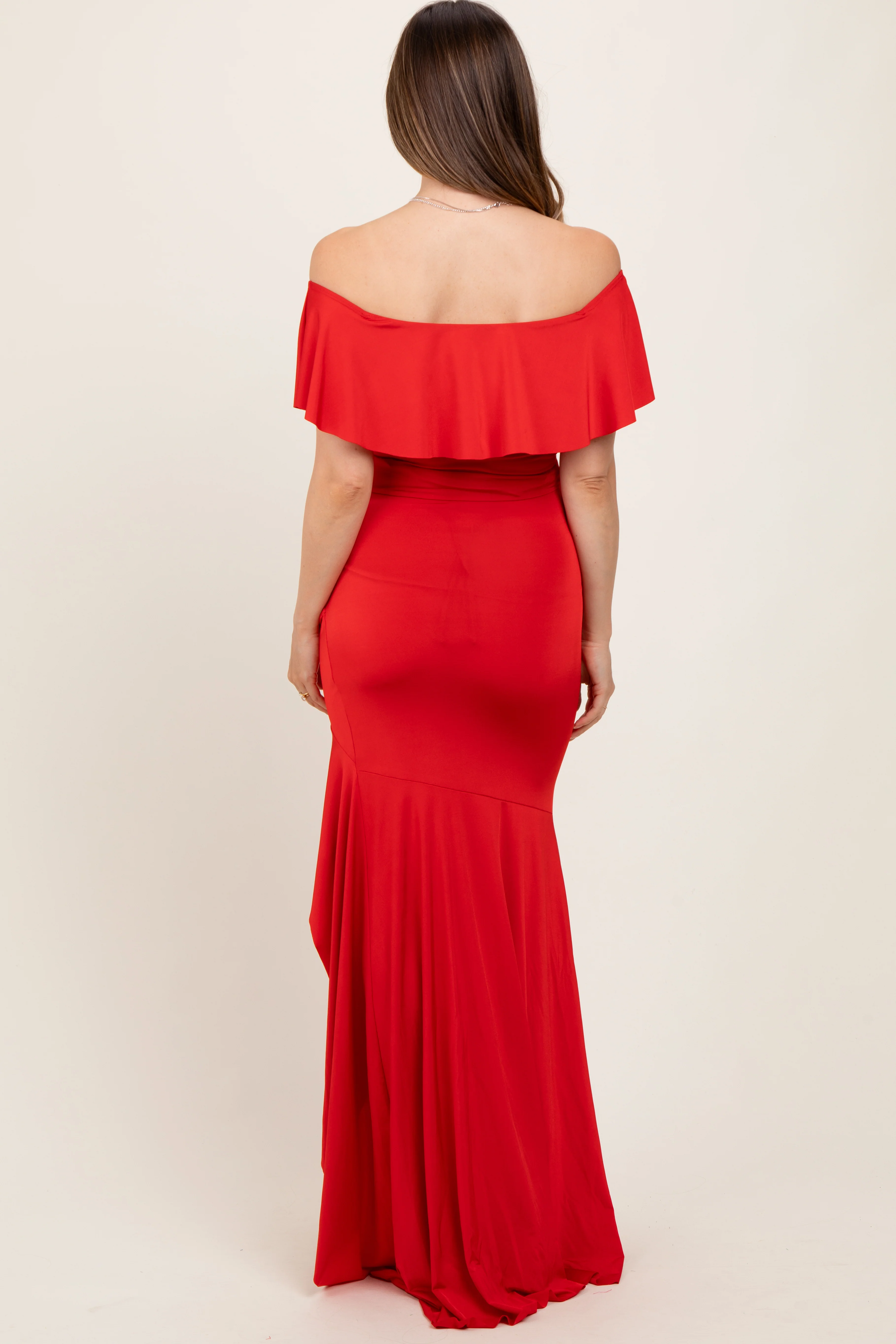 Red Off Shoulder Ruffle Hi-Low Maternity Maxi Dress - Image 3