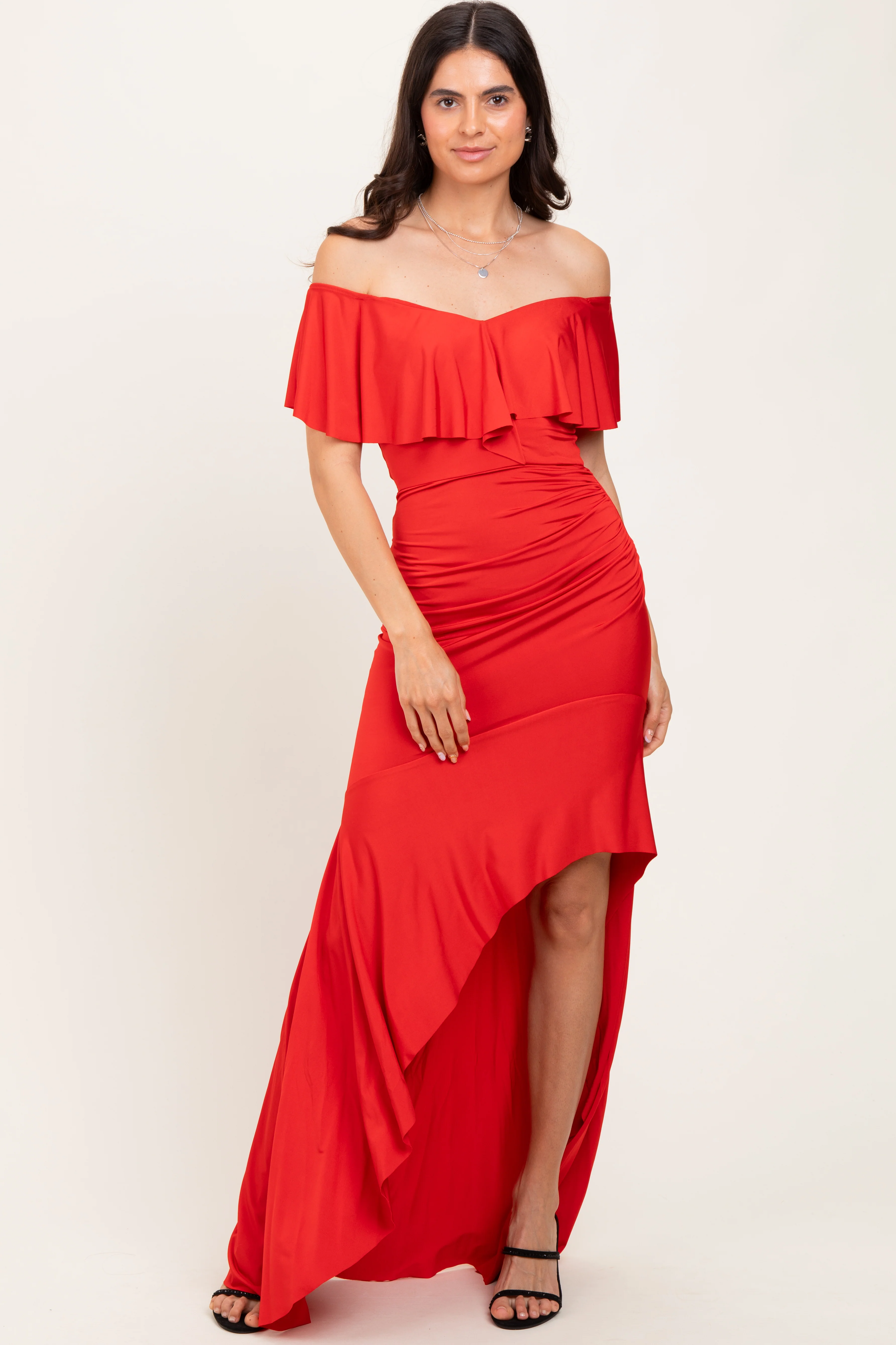 Red Off Shoulder Ruffle Hi-Low Maternity Maxi Dress - Image 4
