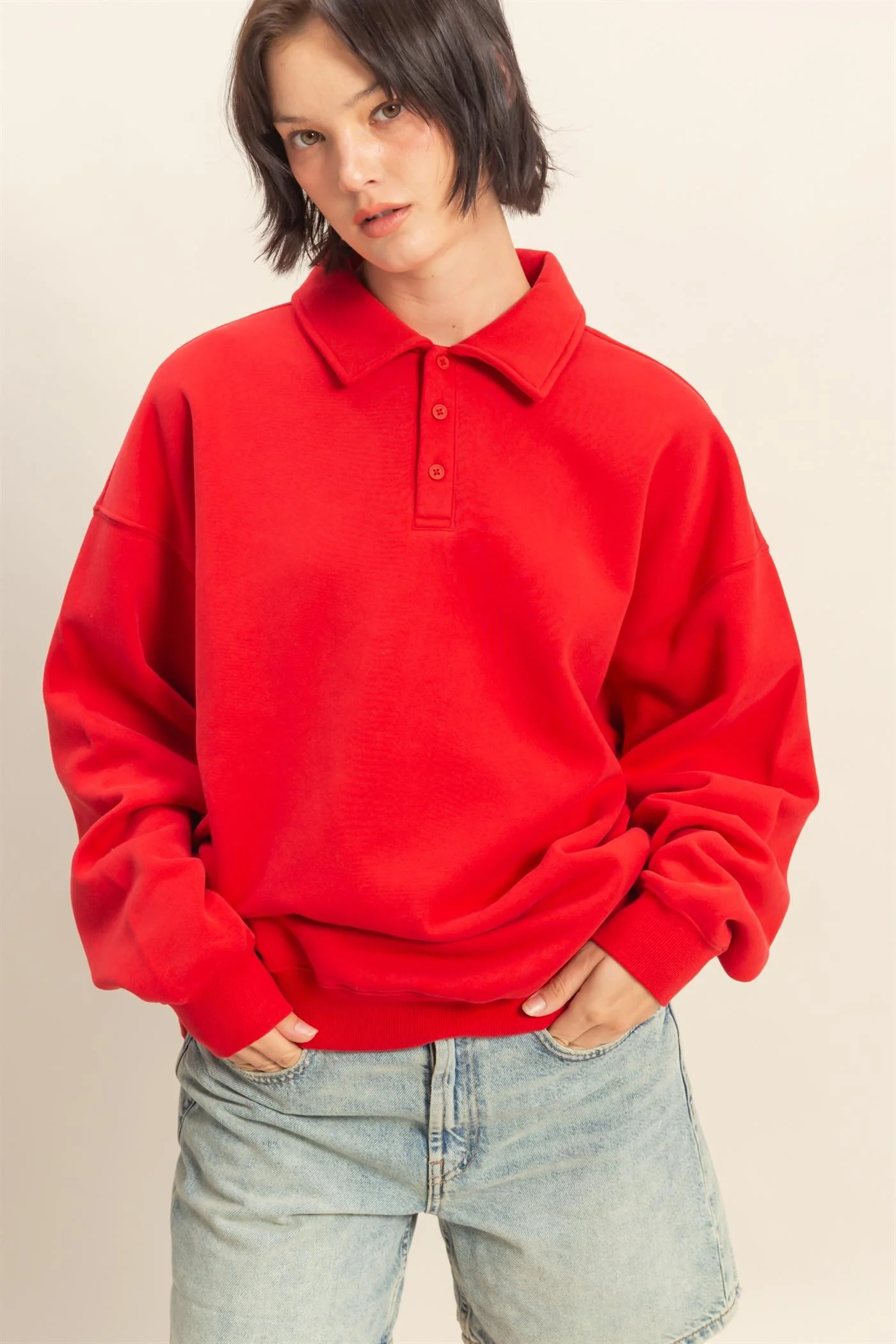 Red Oversized Polo Maternity Pullover - Image 5