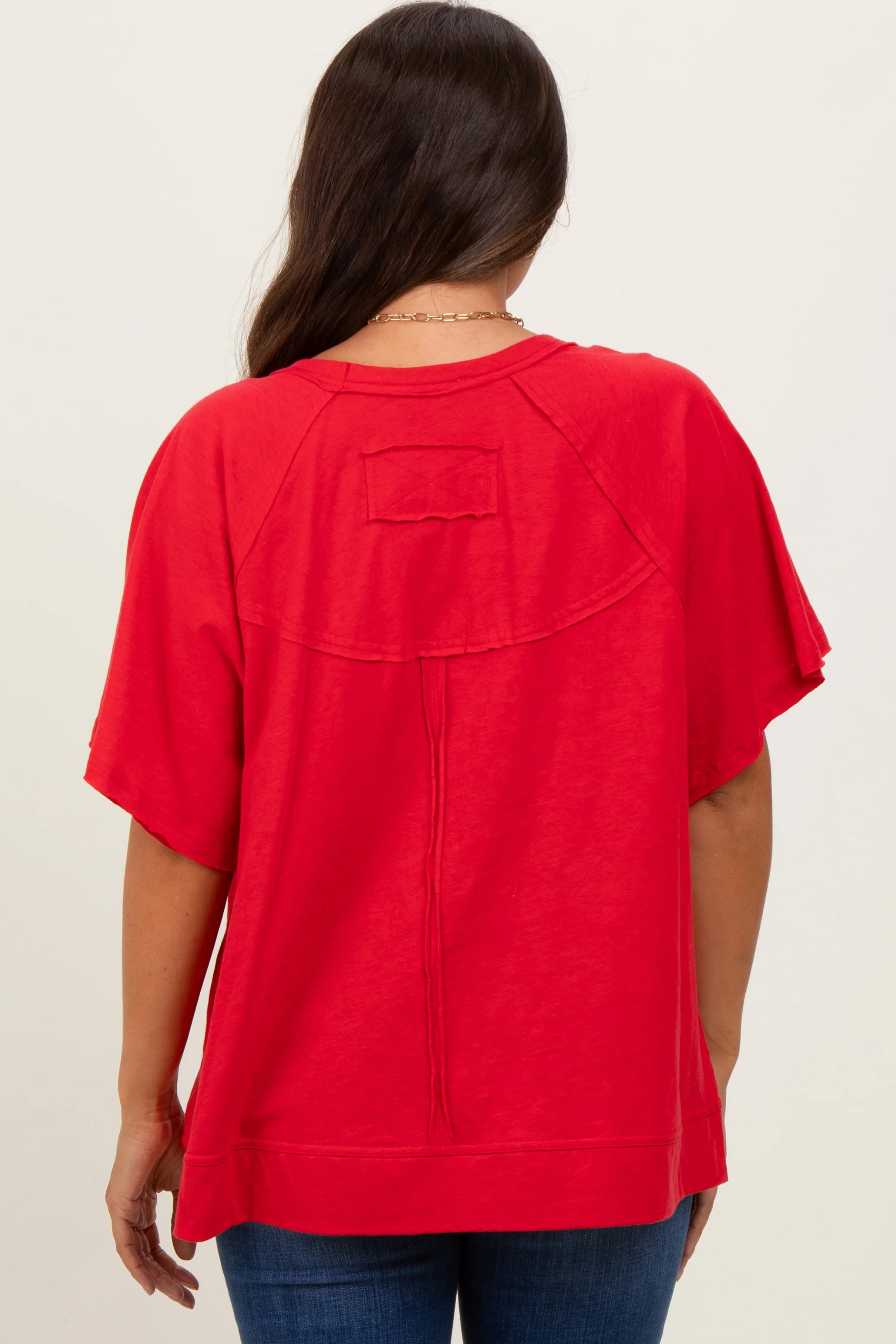 Red Oversized Raw Hem Short Sleeve Maternity Tee - Image 4