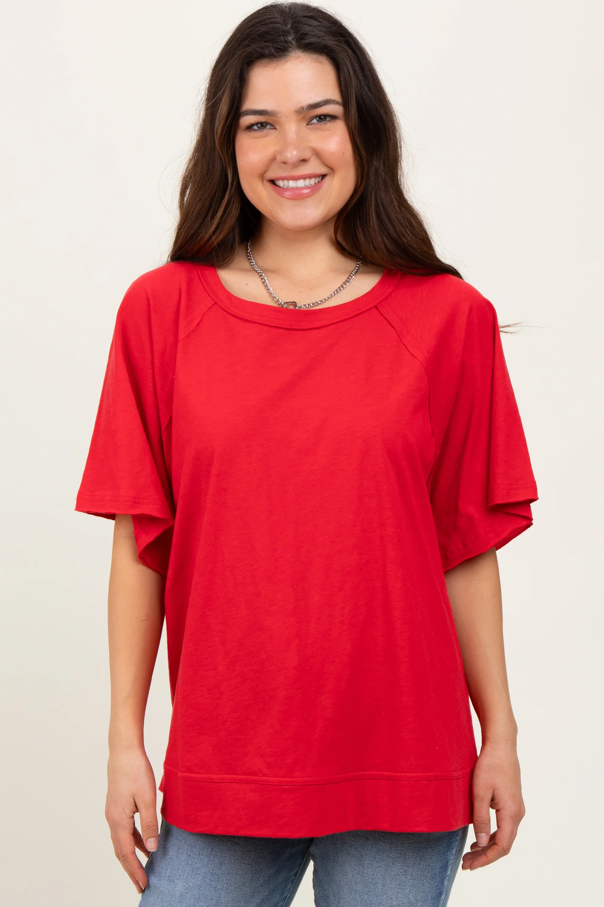 Red Oversized Raw Hem Short Sleeve Maternity Tee - Image 5