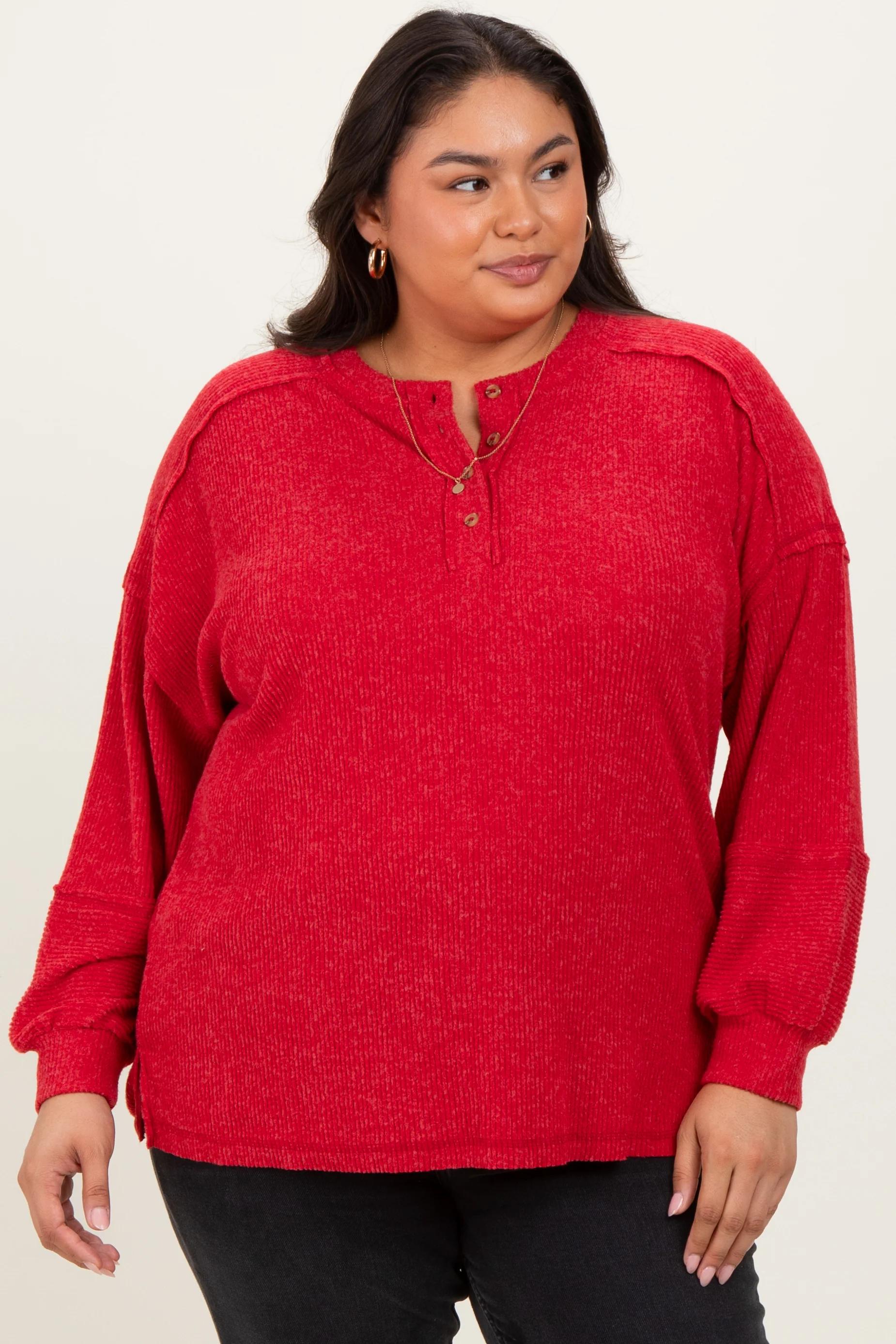 Red Oversized Ribbed Knit Henley Maternity Plus Sweater - Image 5