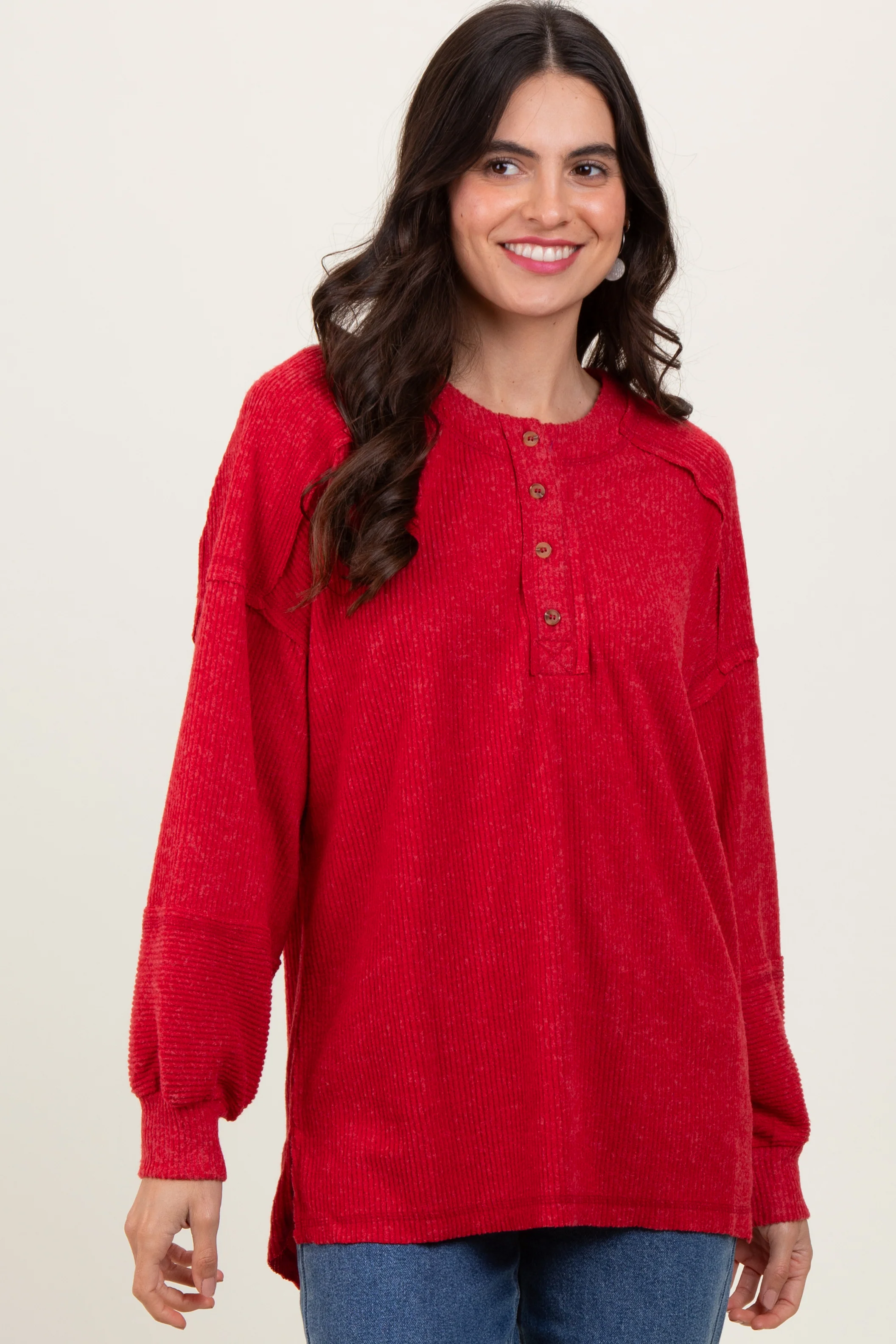 Red Oversized Ribbed Knit Henley Sweater - Image 2
