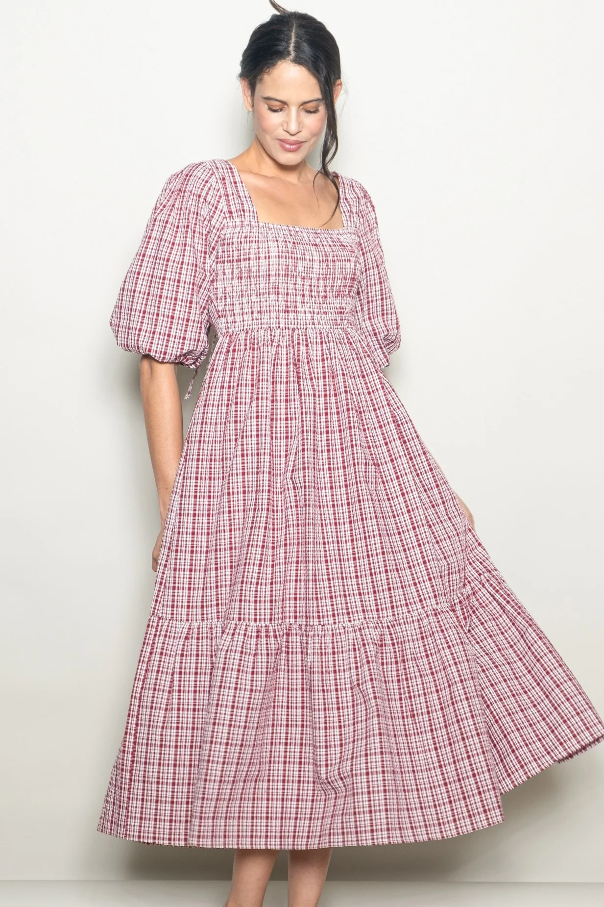 Red Plaid  Bubble Sleeve Maternity Dress - Image 5